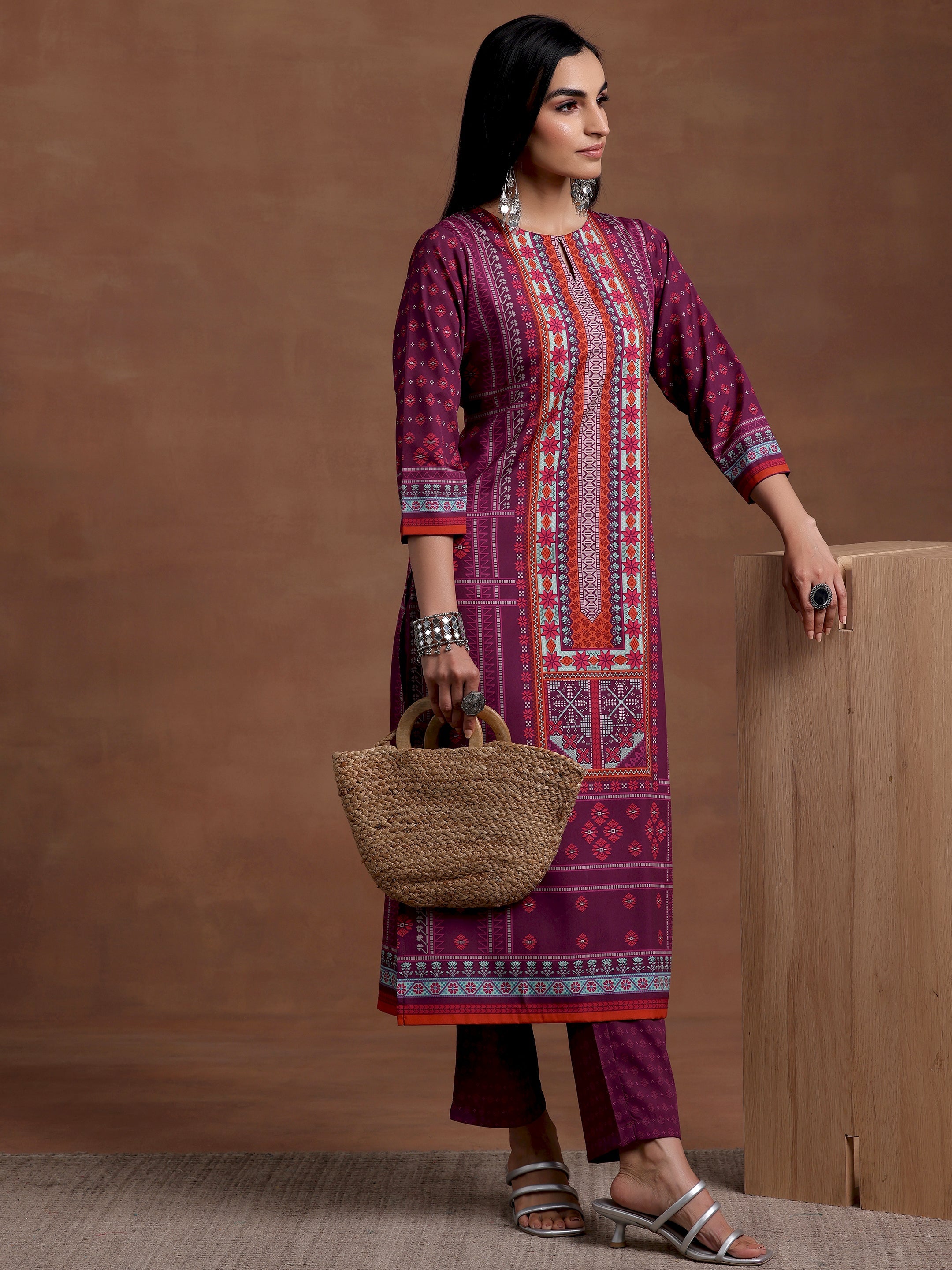 Wine Printed Poly Crepe Straight Kurta Set