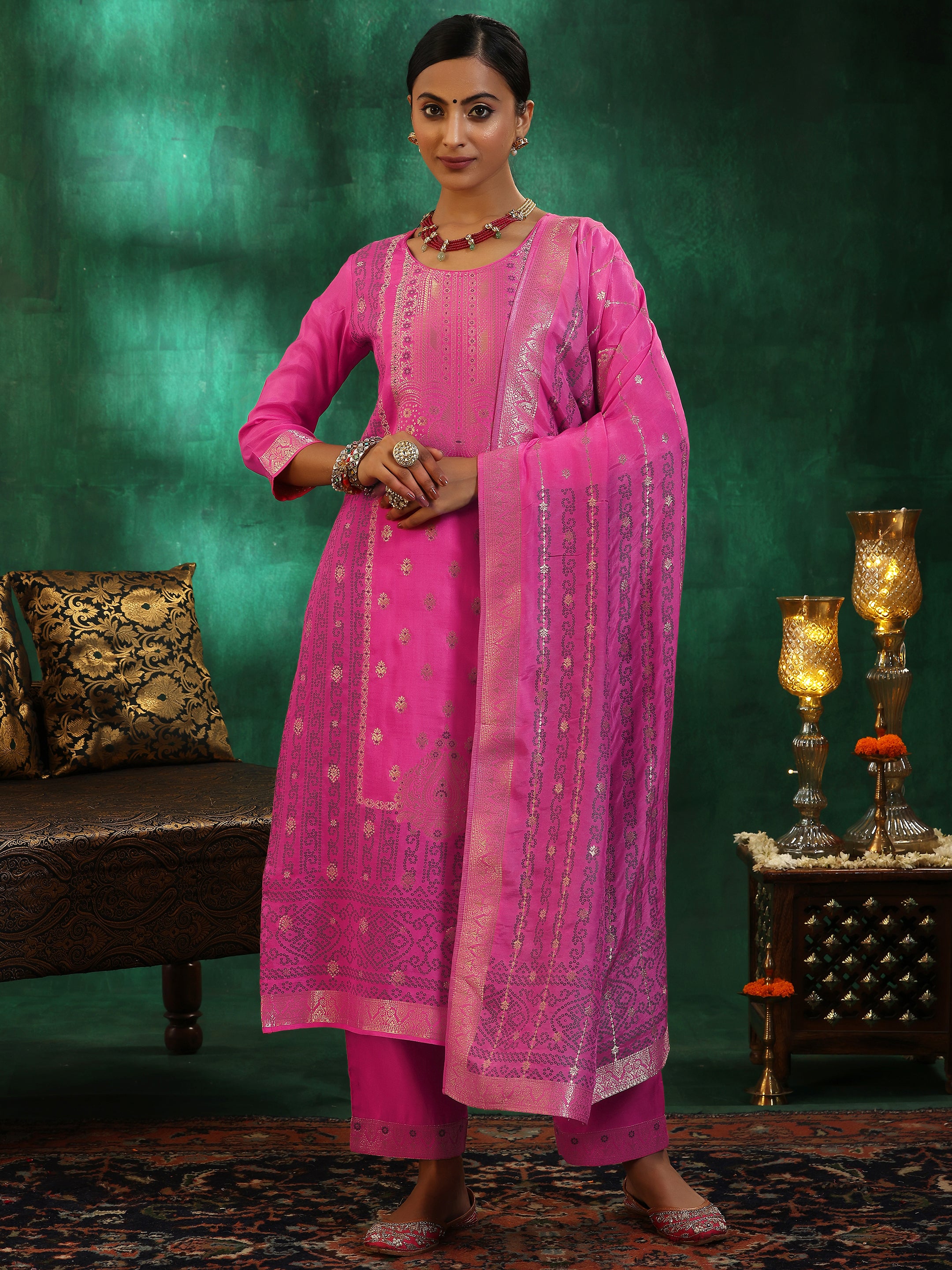 Pink Woven Design Silk Blend Straight Suit With Dupatta