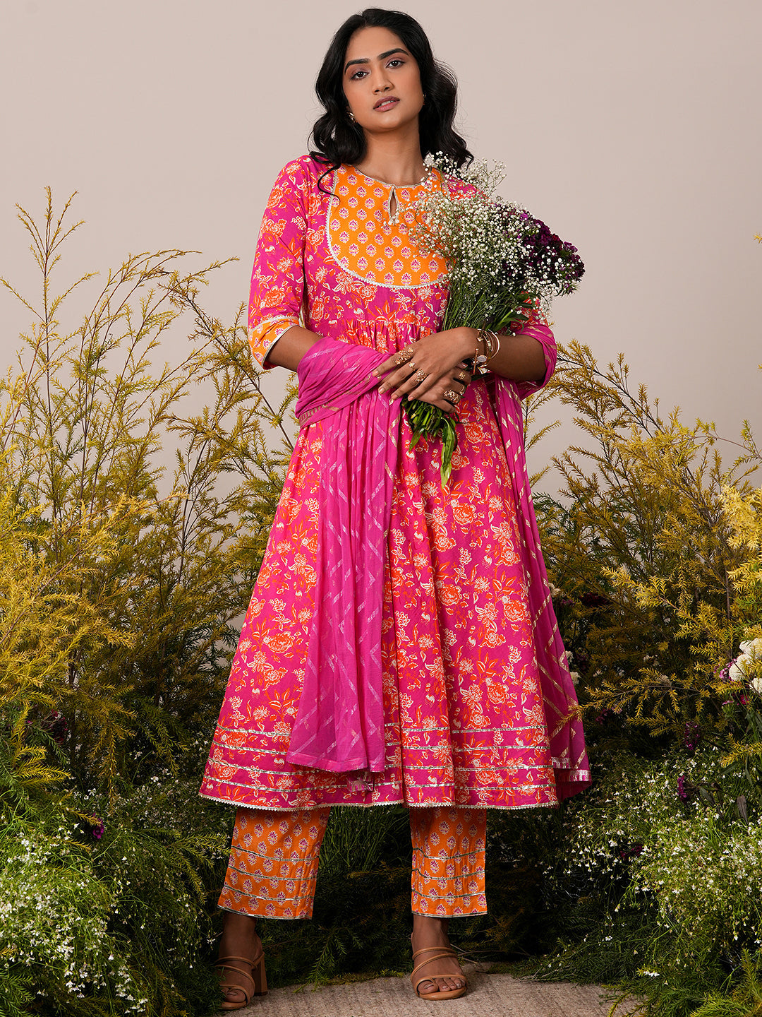 Pink Yoke Design Cotton Anarkali Kurta With Trousers & Dupatta - ShopLibas