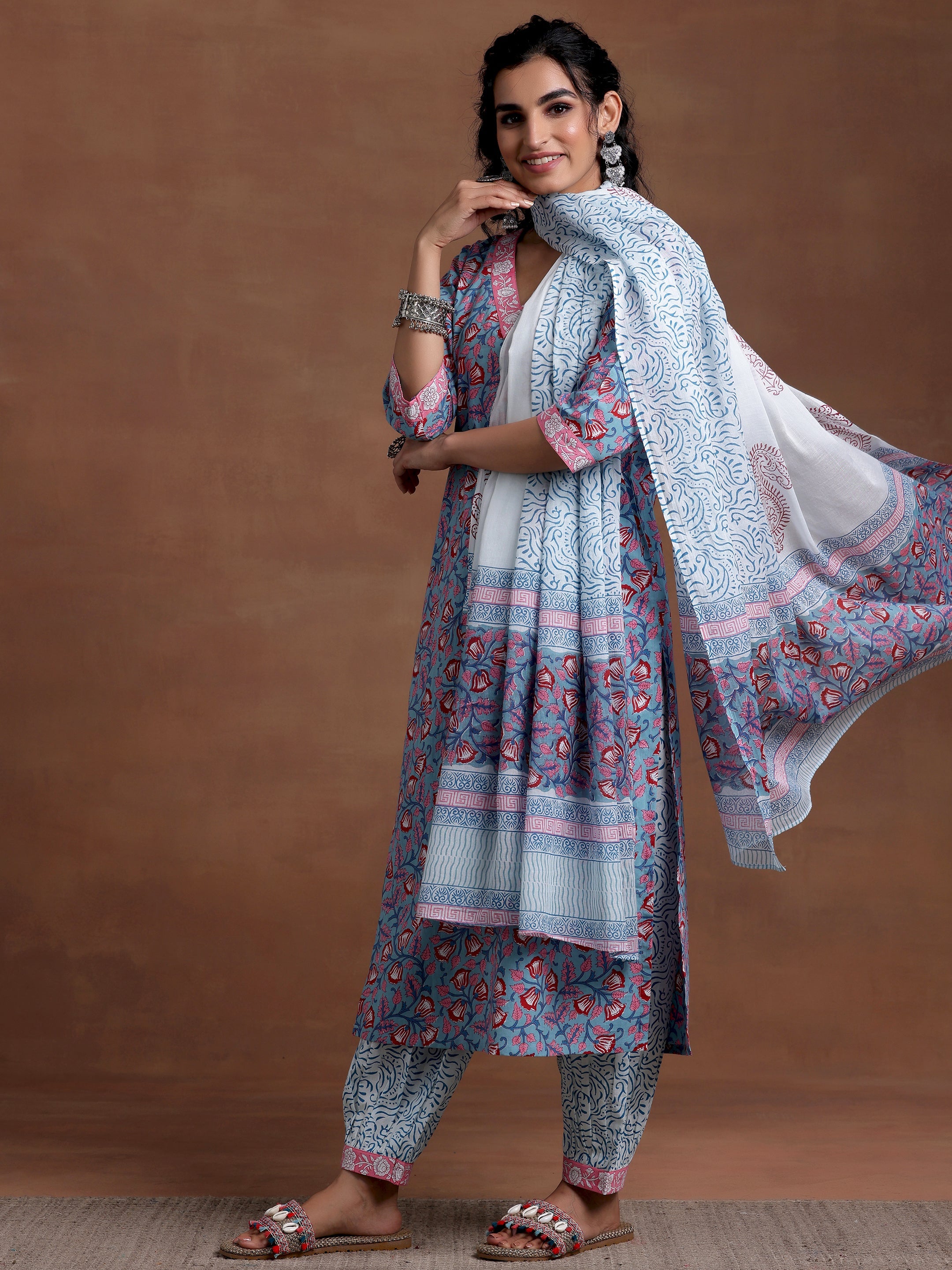 Blue Printed Cotton Straight Suit With Dupatta