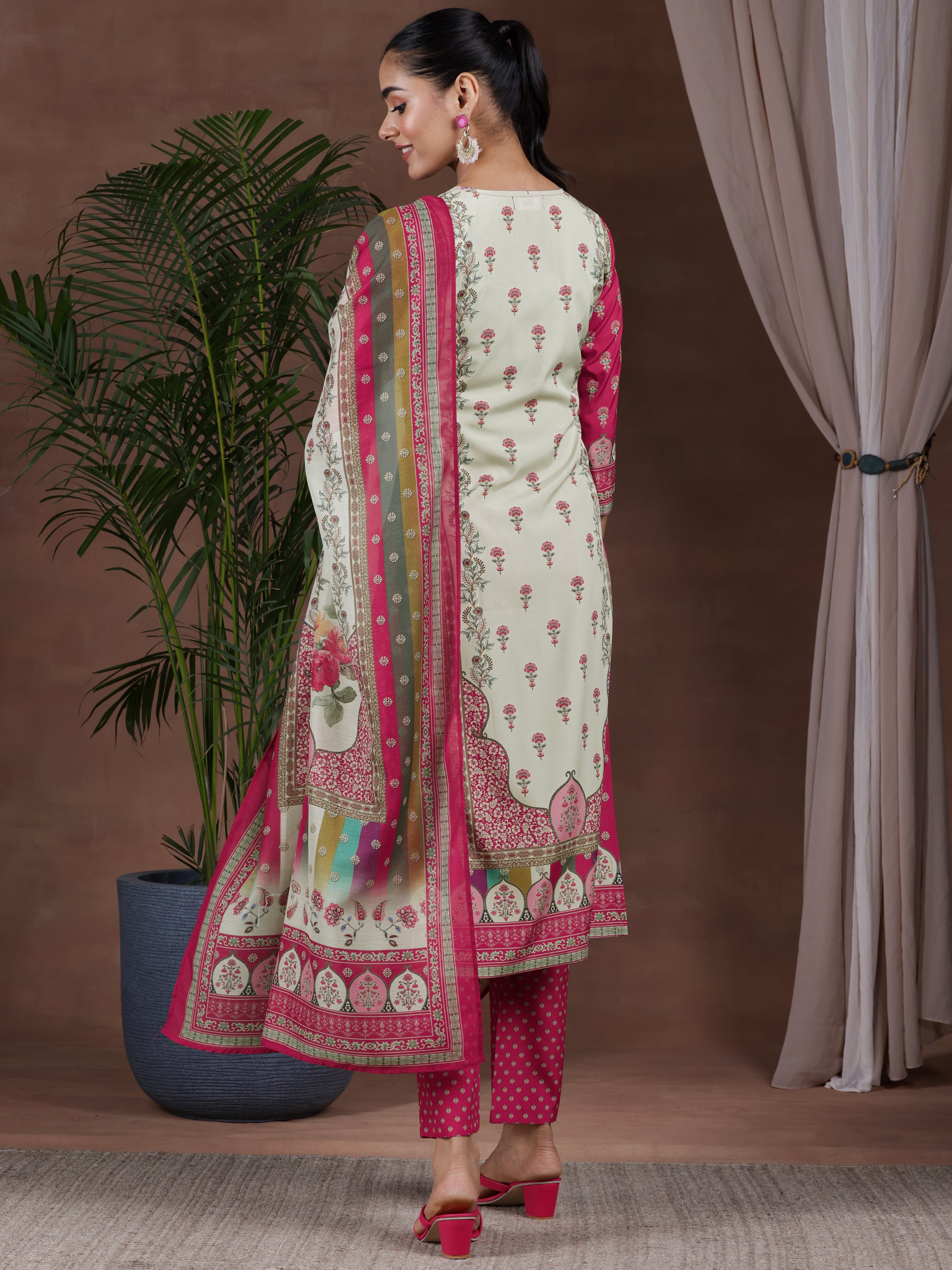 Off White Printed Poly Crepe Straight Suit With Dupatta