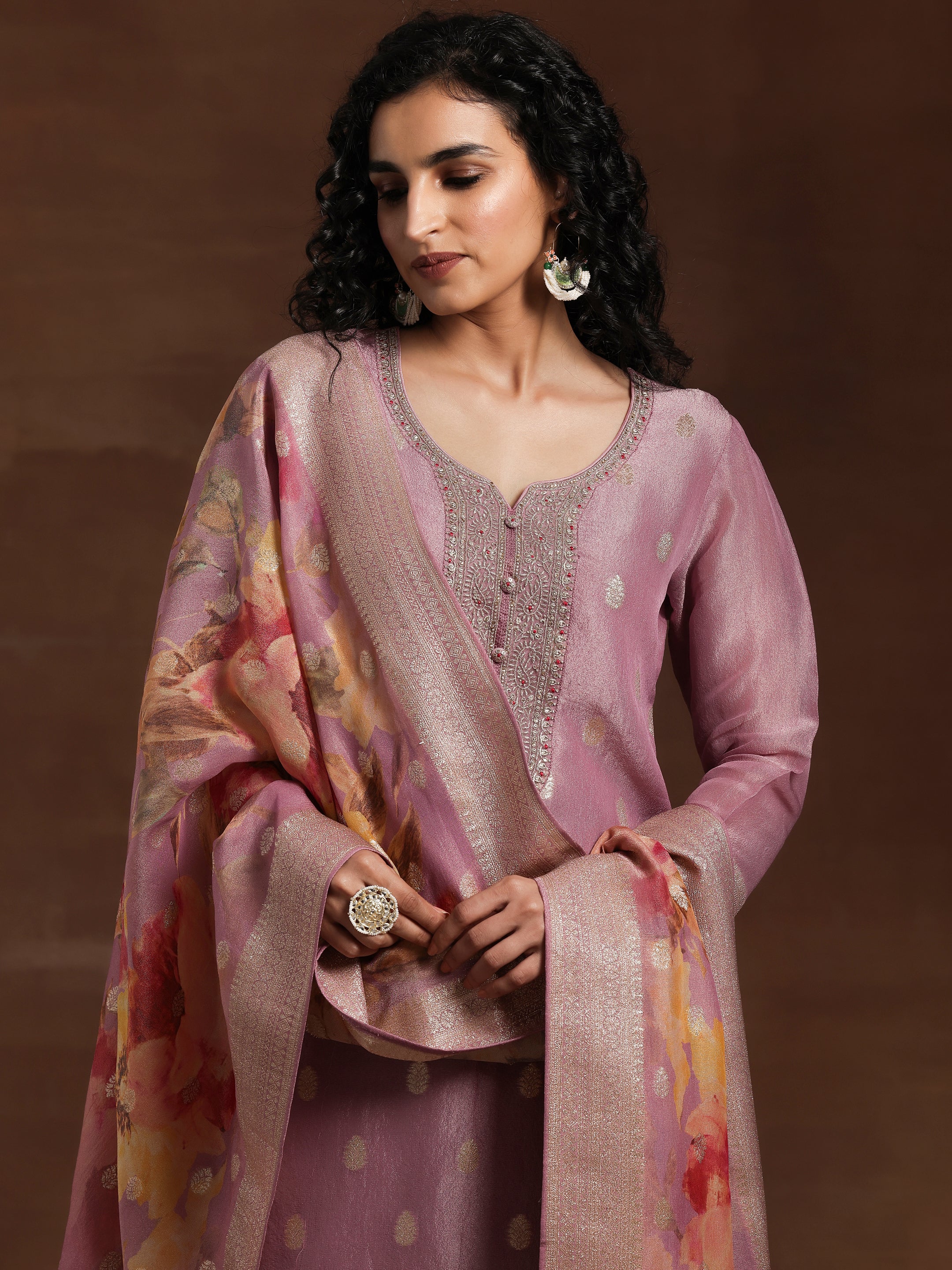 Mauve Woven Design Silk Blend Straight Kurta With Palazzos & Dupatta