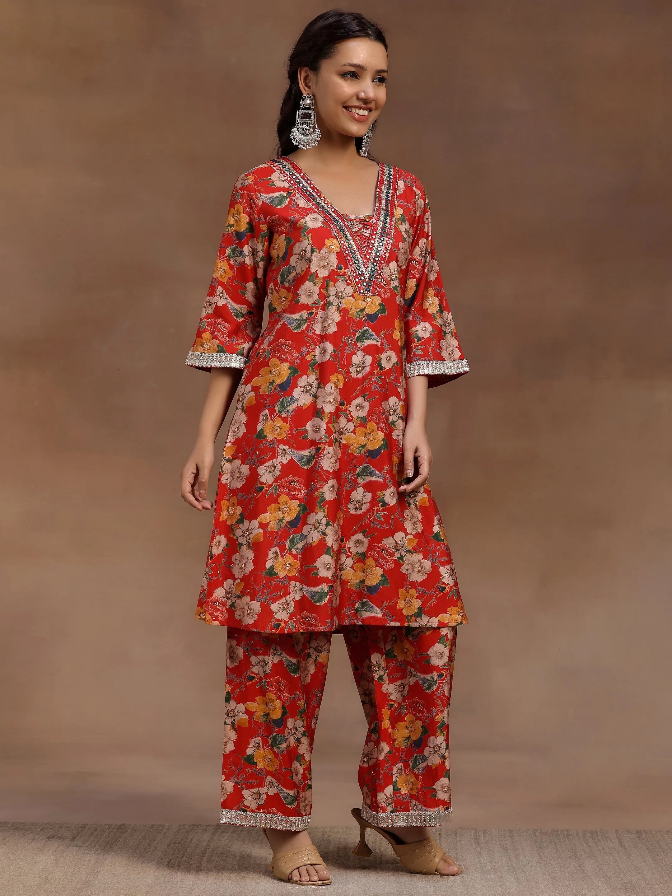 Red Printed Silk Blend Co-Ords