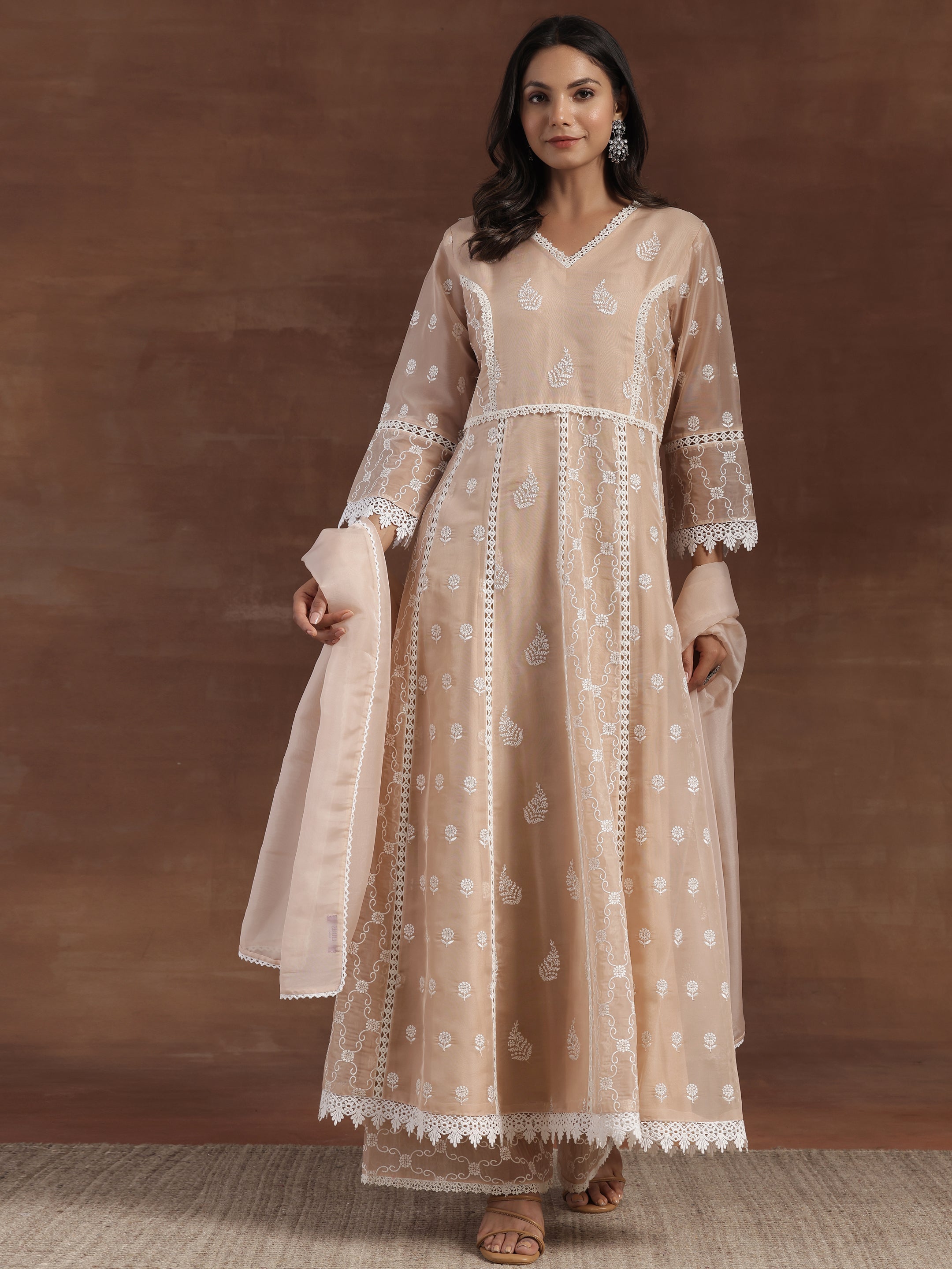 Nude Embroidered Organza A-Line Kurta With Palazzos & Dupatta