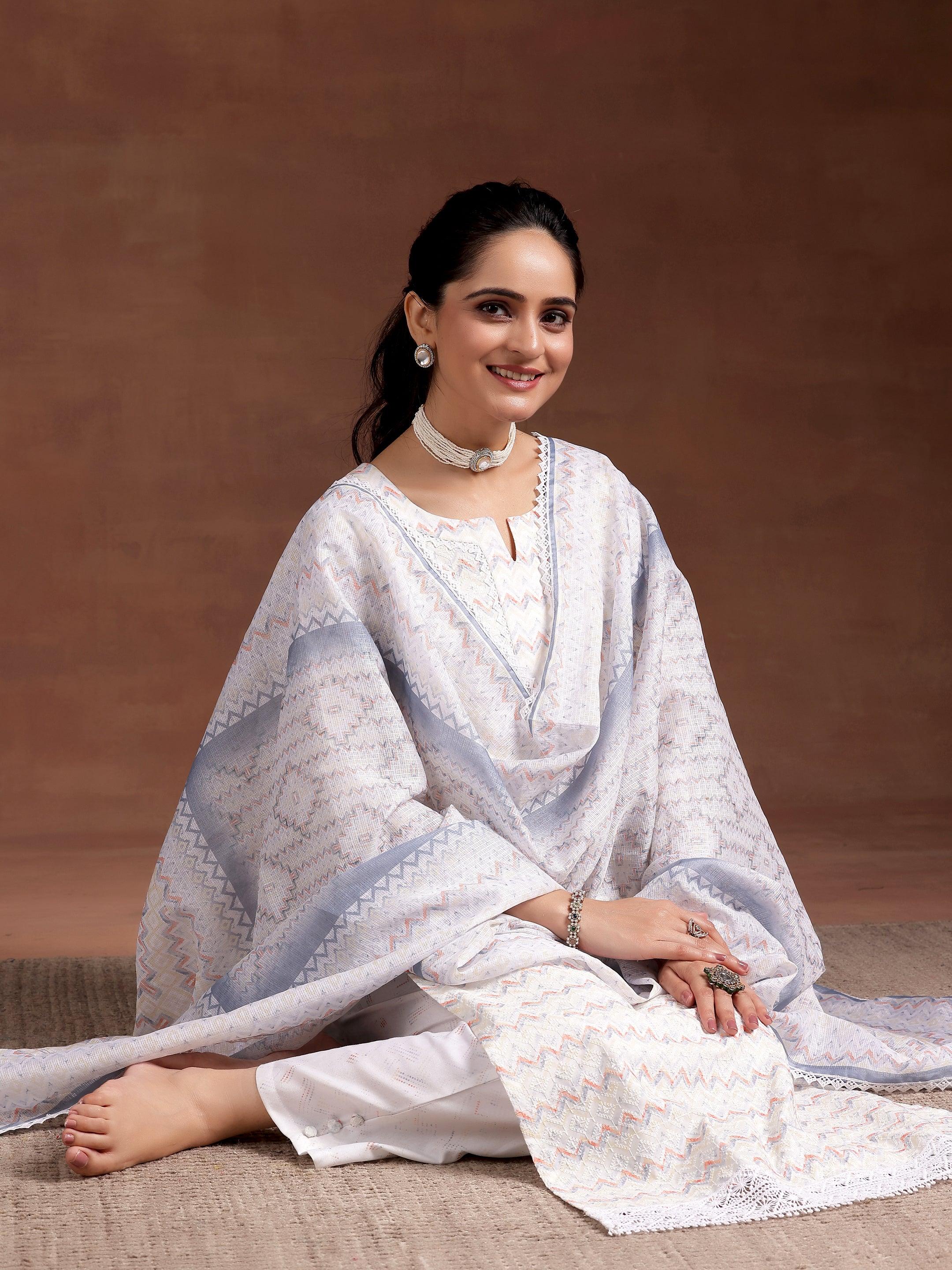 Off White Embroidered Cotton Blend Straight Suit With Dupatta