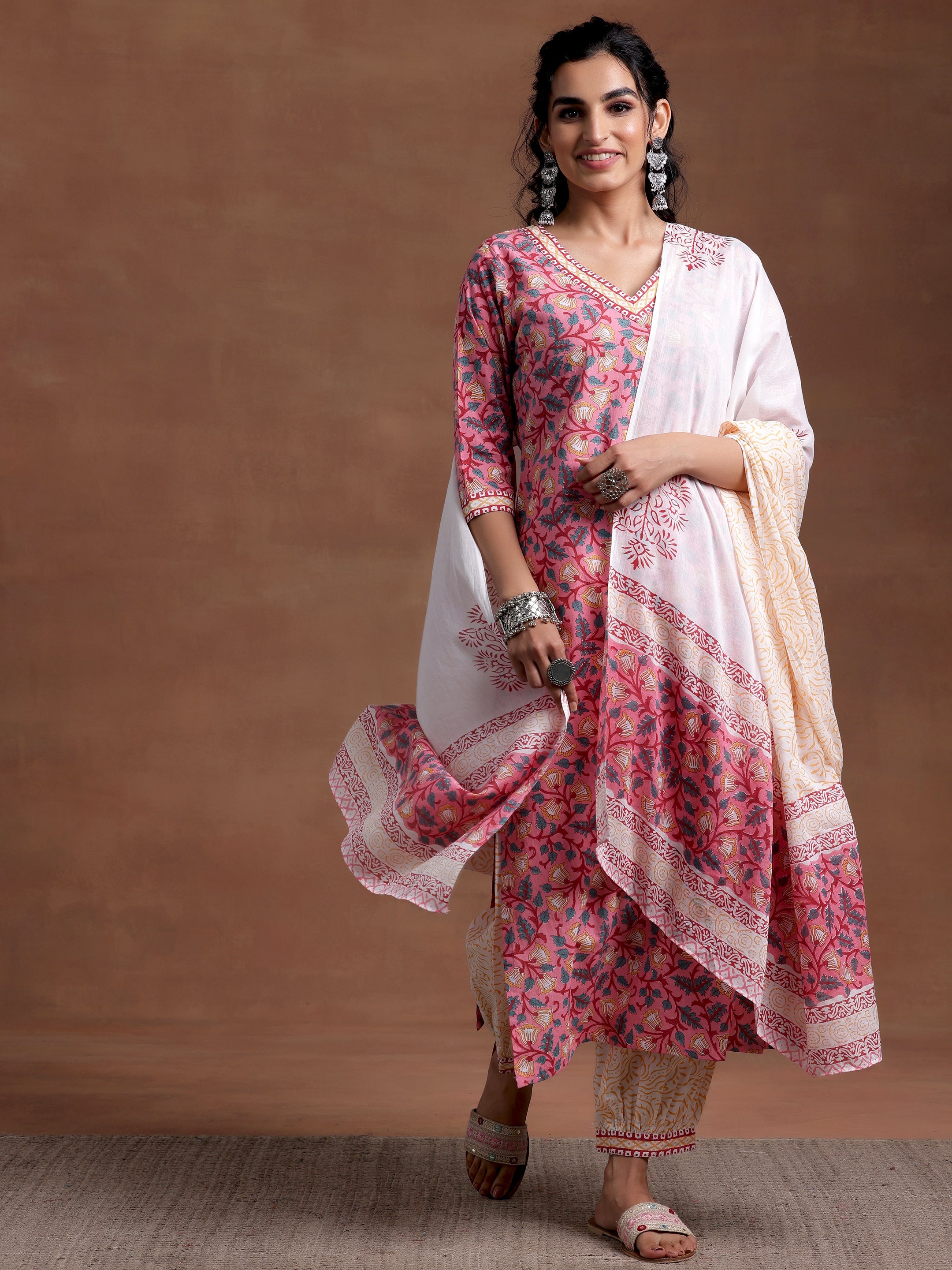 Pink Printed Cotton Straight Suit With Dupatta