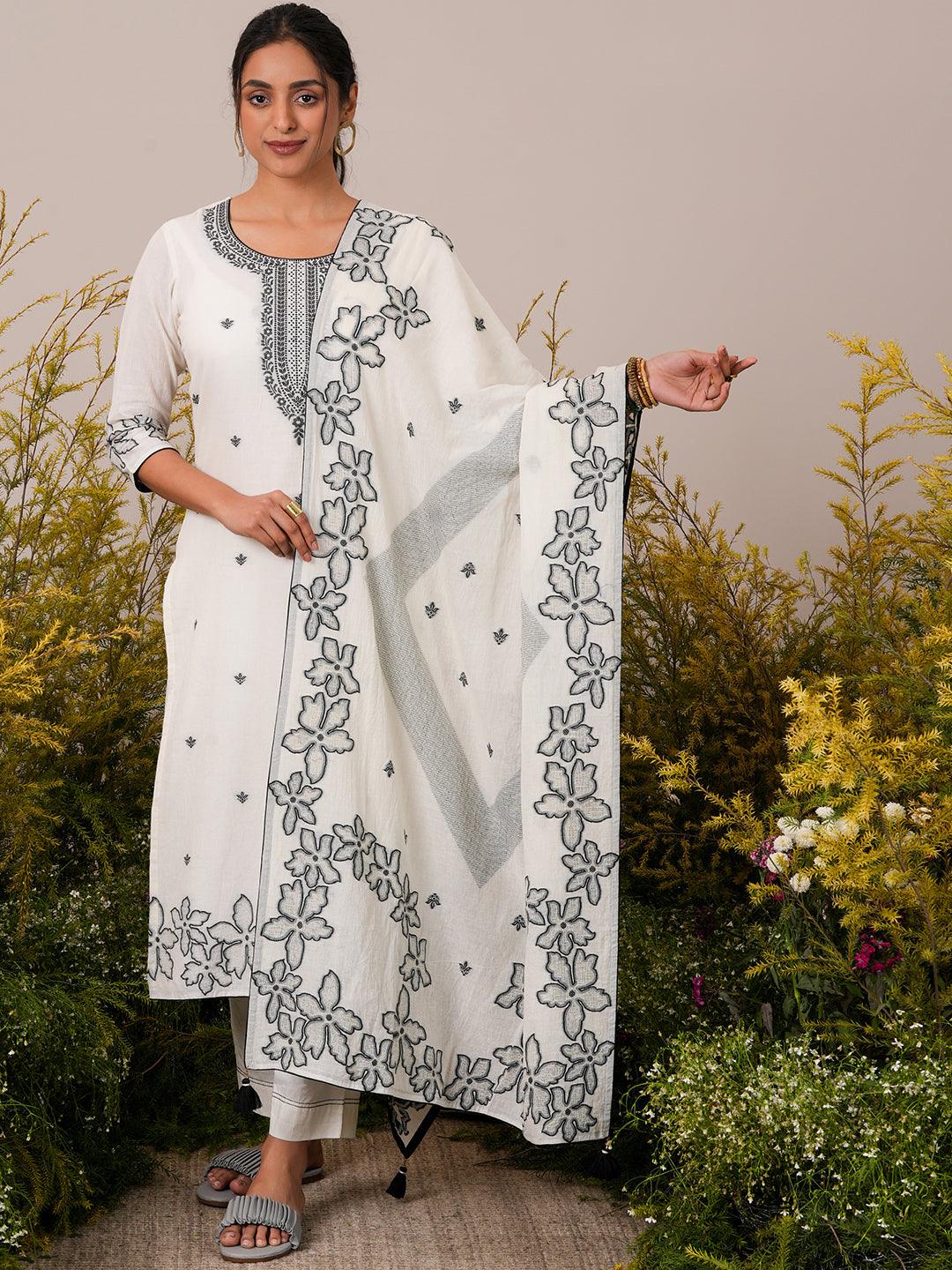 Off White Woven Design Cotton Straight Suit With Dupatta