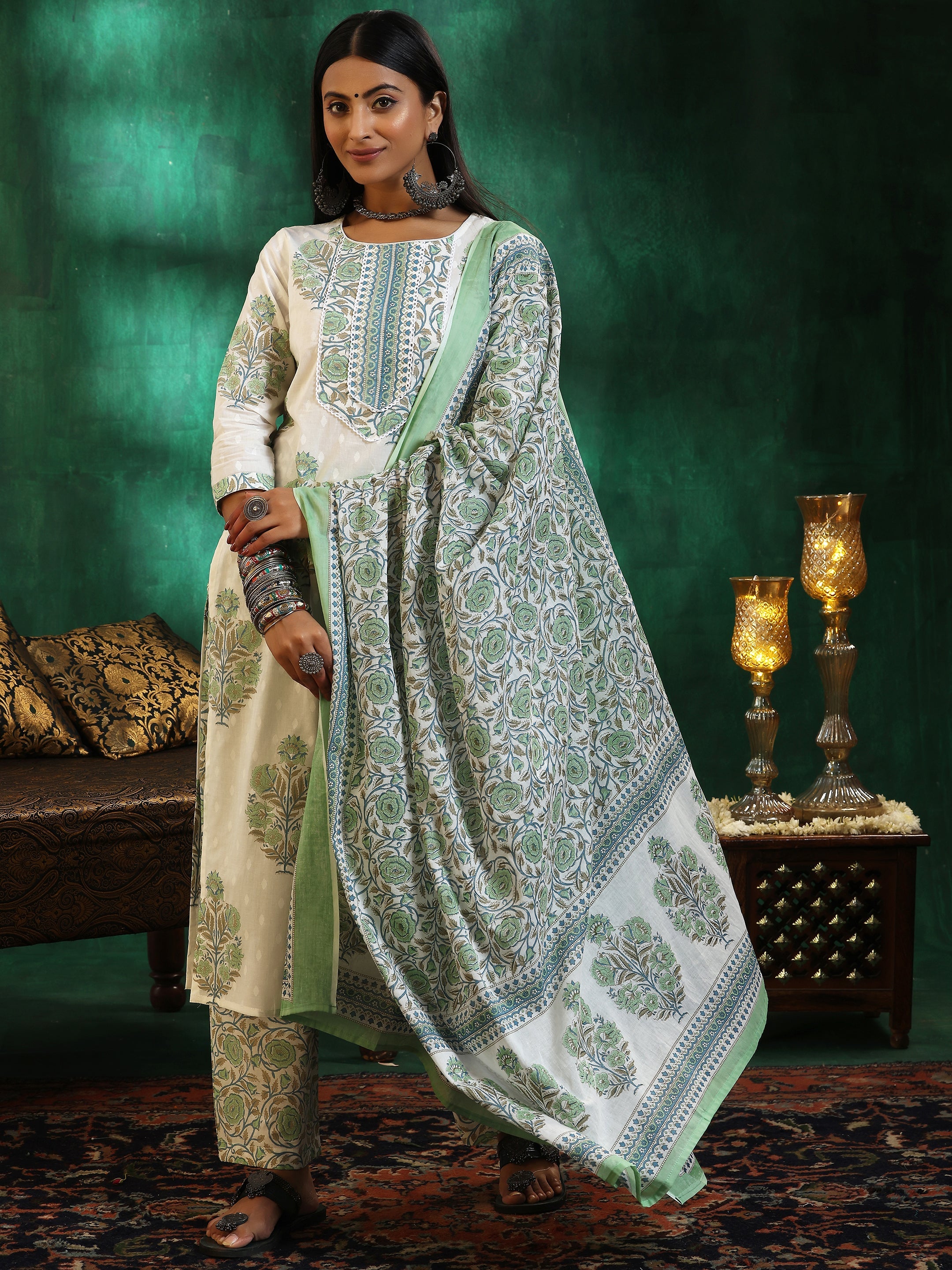 Off White Printed Cotton Straight Suit With Dupatta