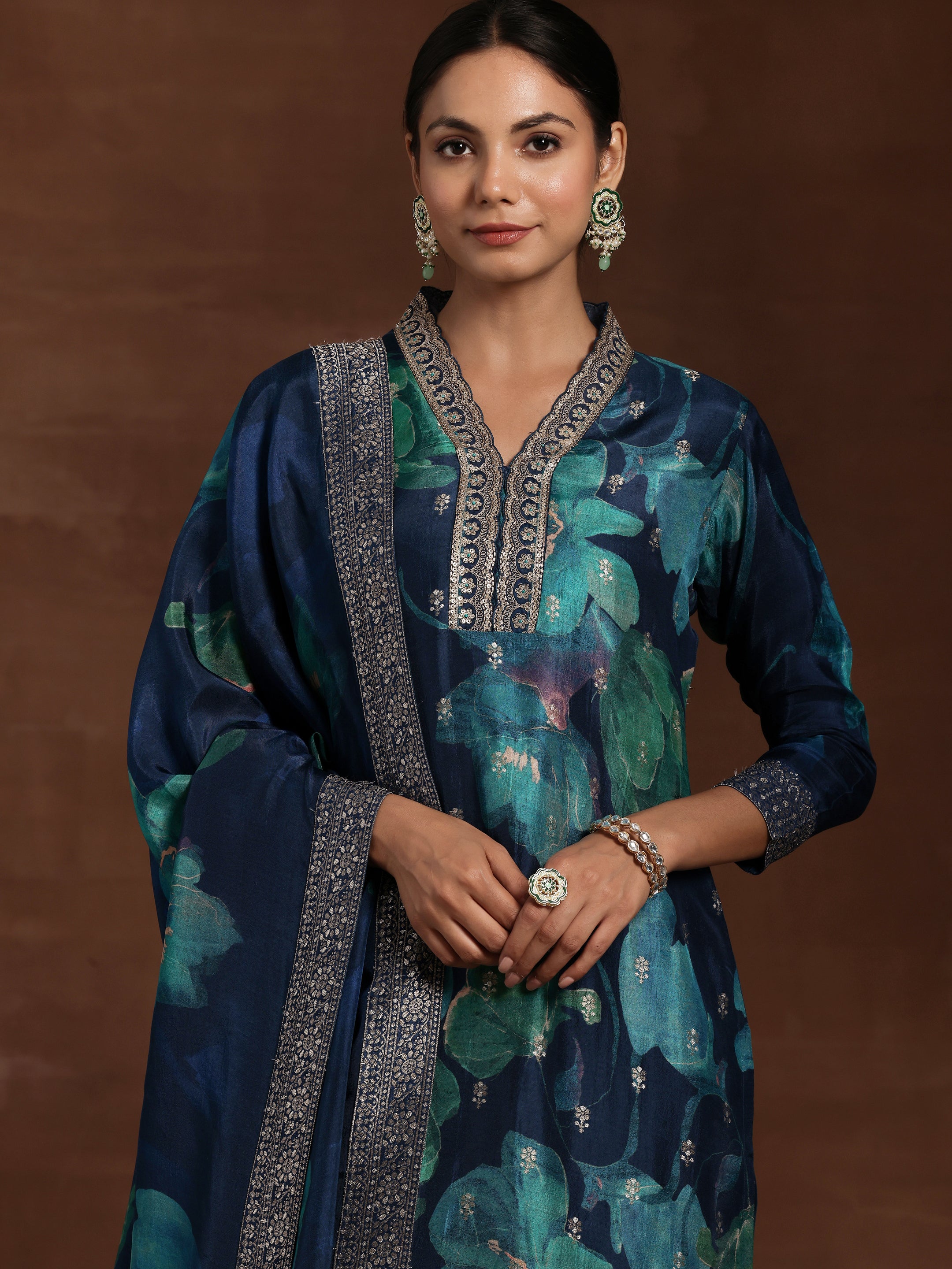 Blue Printed Silk Blend Straight Suit With Dupatta