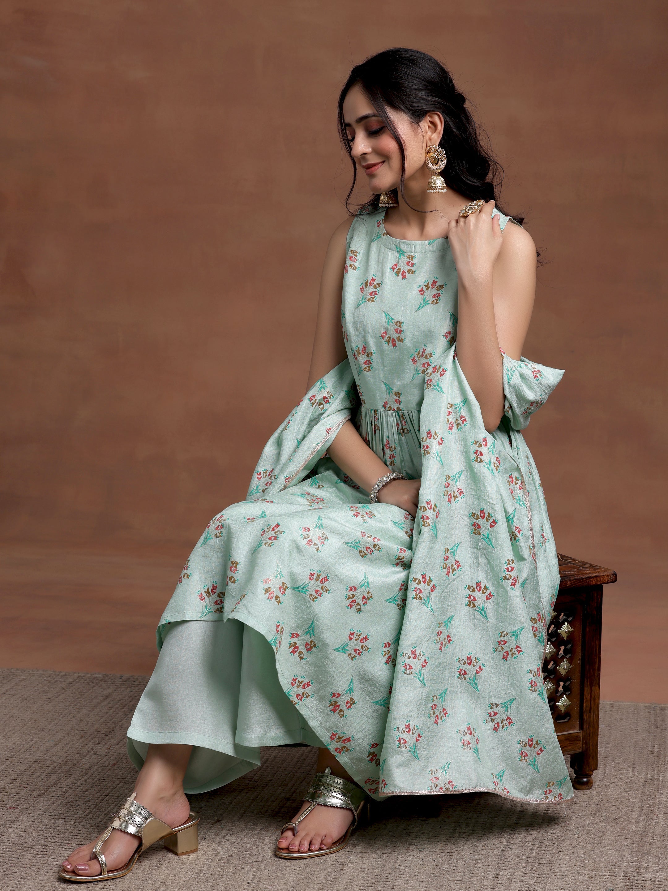 Sea green Printed Silk Blend A-Line Kurta With Palazzos & Dupatta