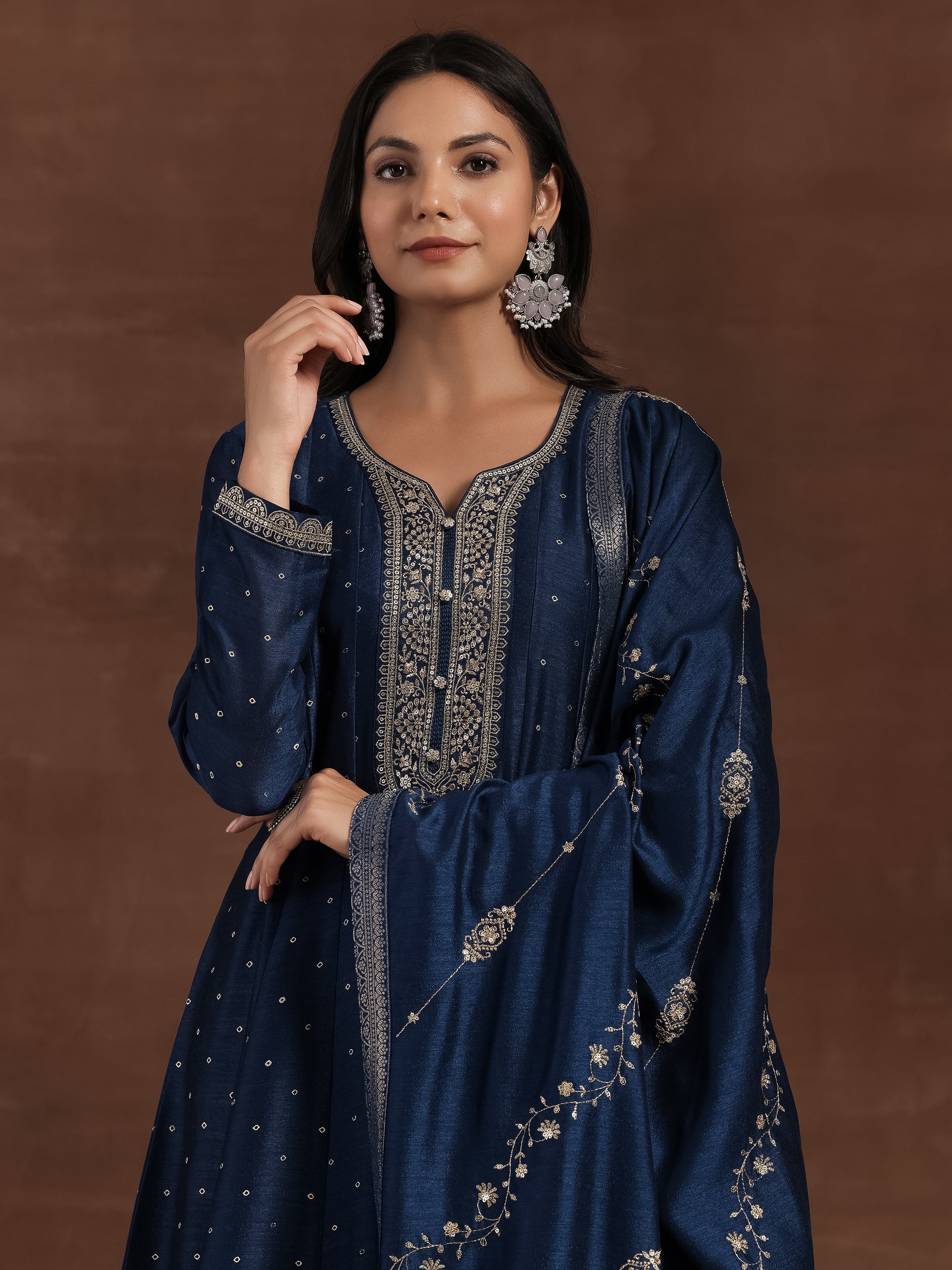 Blue Embroidered Silk Blend A-Line Kurta With Trousers & Dupatta