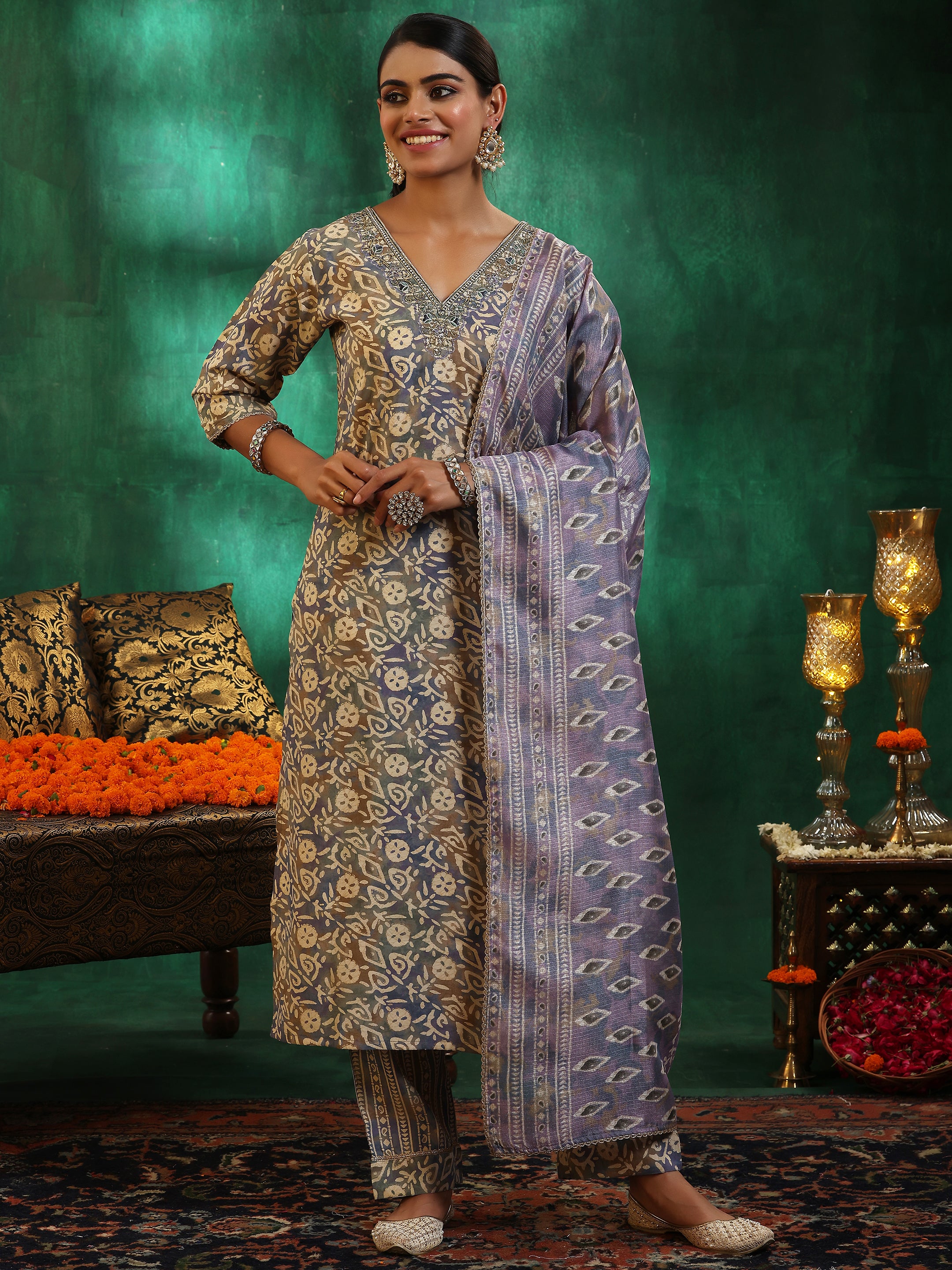 Mauve Printed Silk Blend Straight Suit With Dupatta