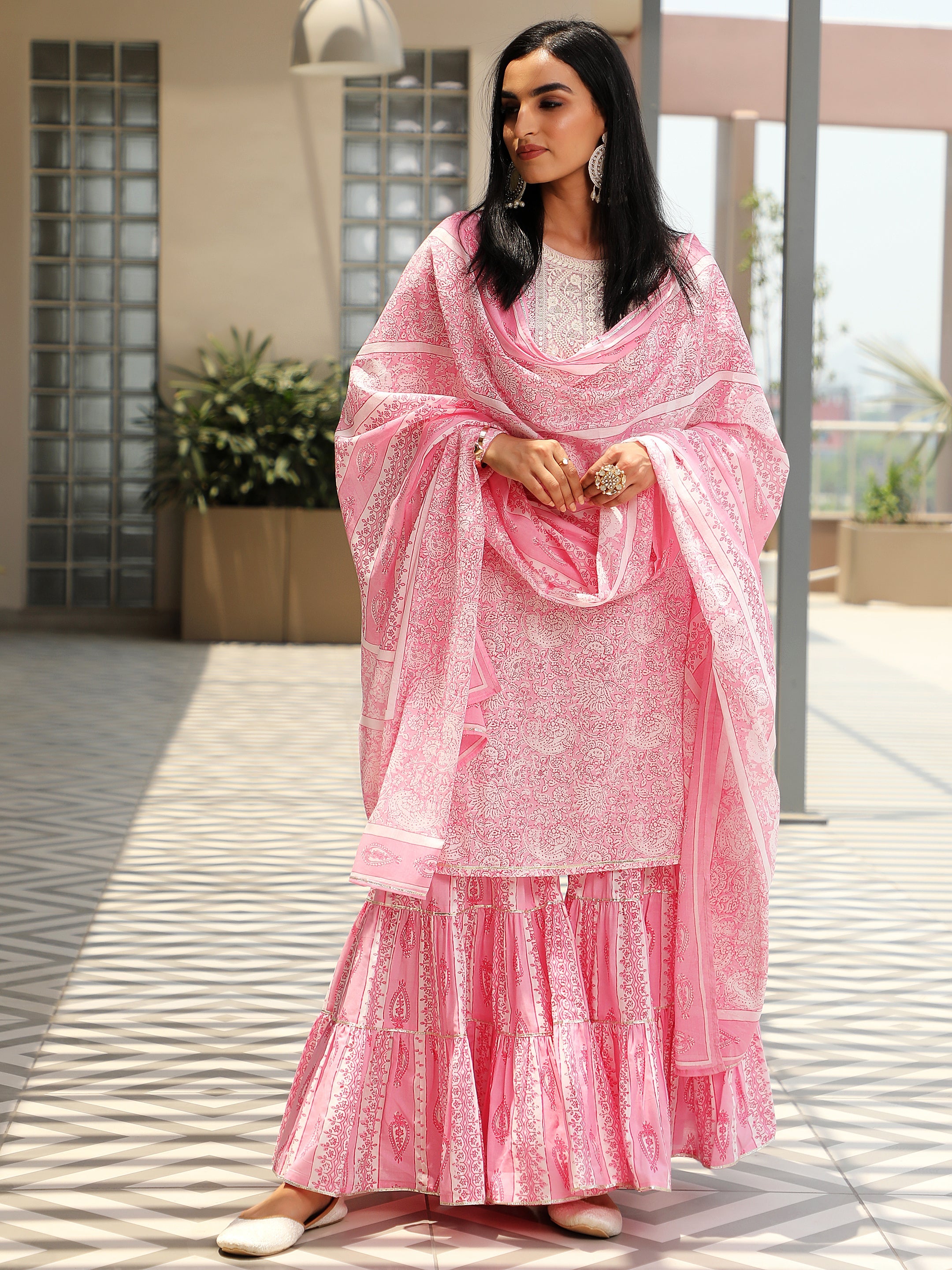 Pink Yoke Design Cotton Straight Suit With Dupatta