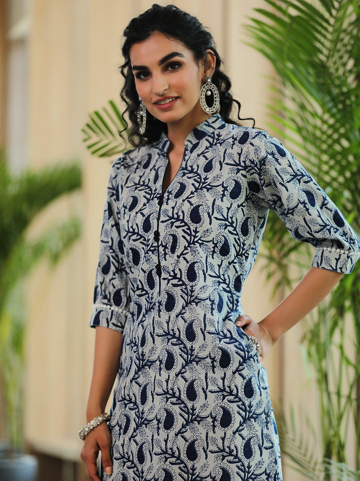 Blue Printed Cotton Straight Kurta - Libas