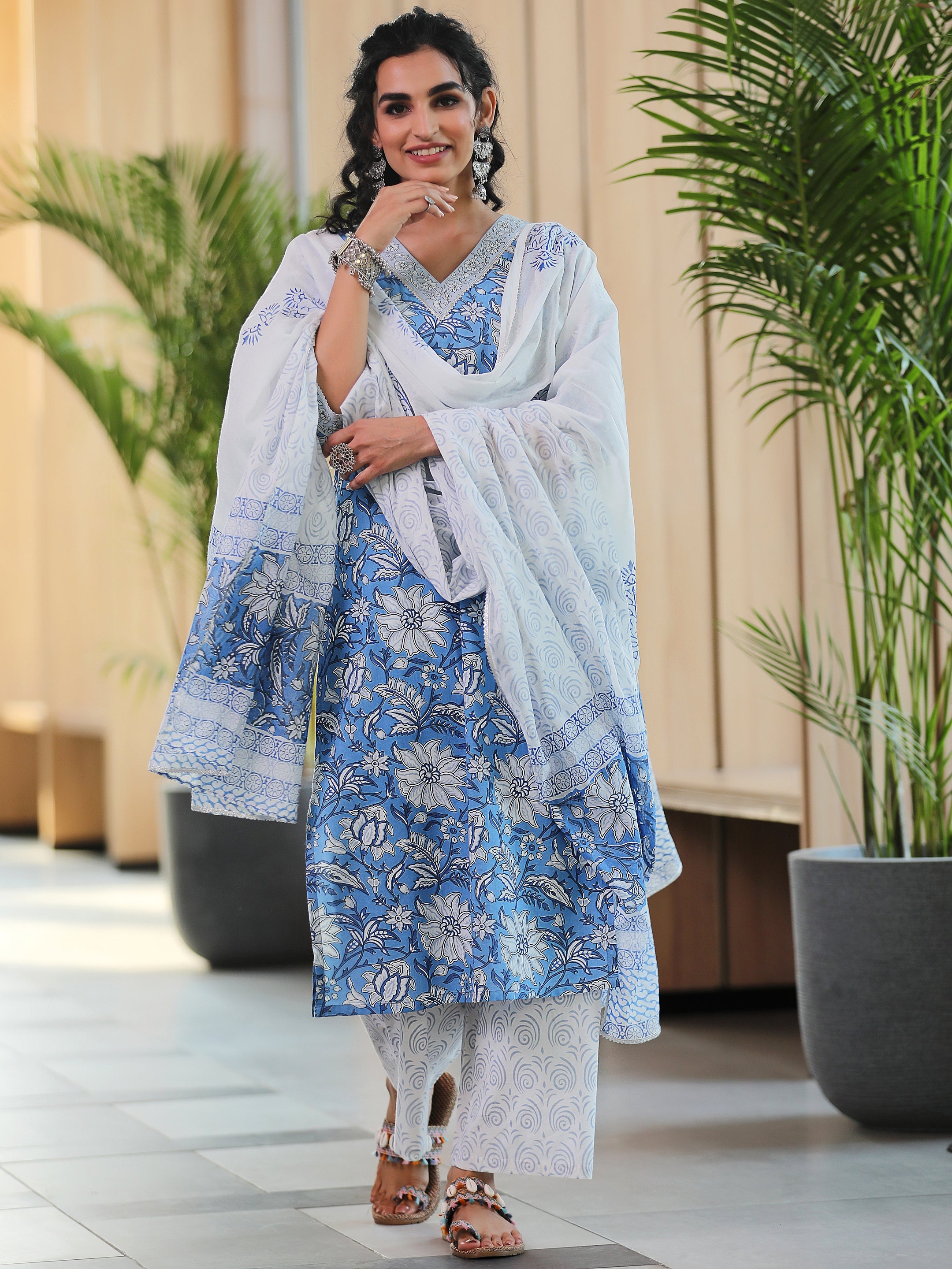 Blue Printed Cotton Straight Suit With Dupatta