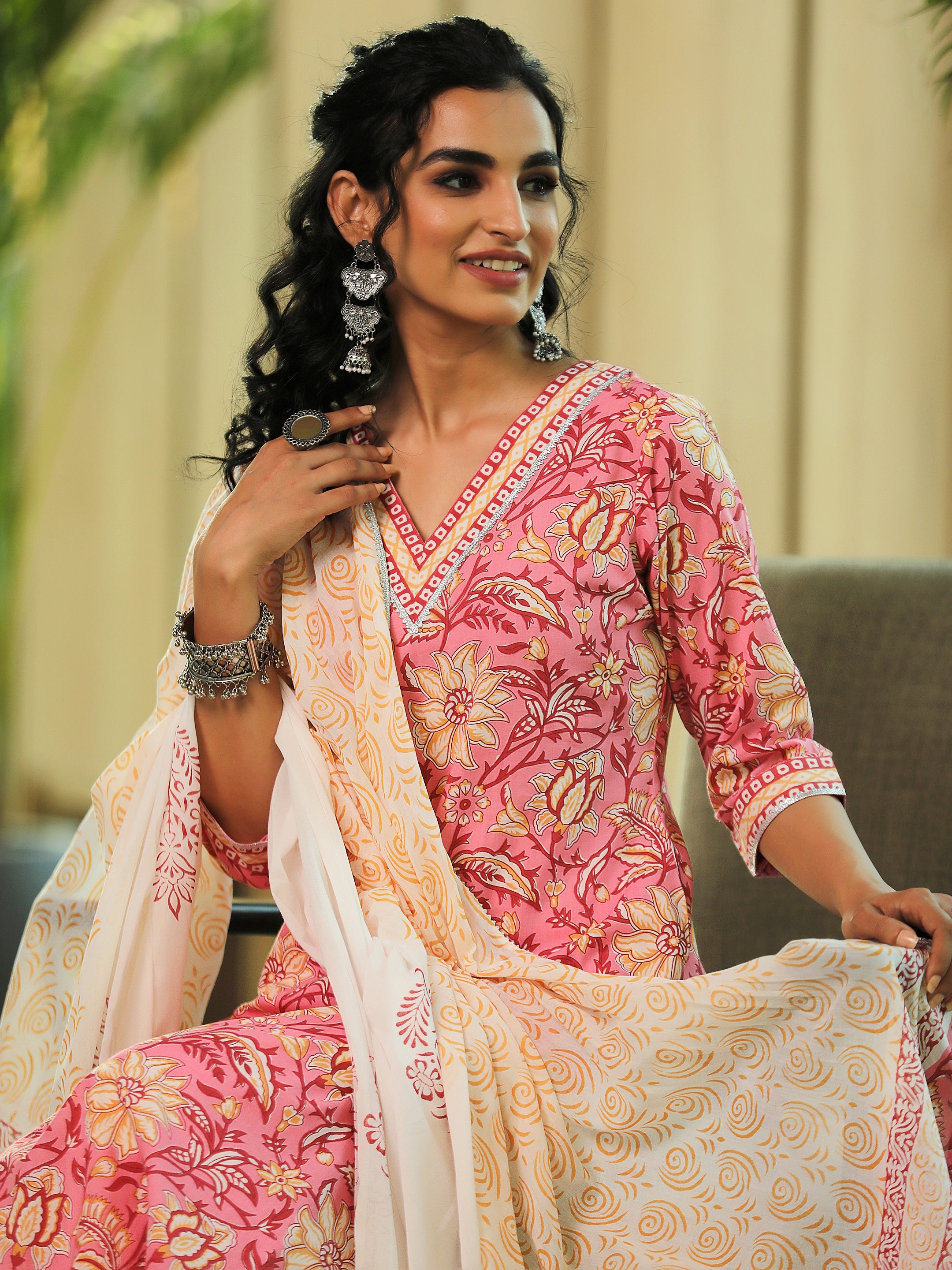 Pink Printed Cotton Straight Suit With Dupatta