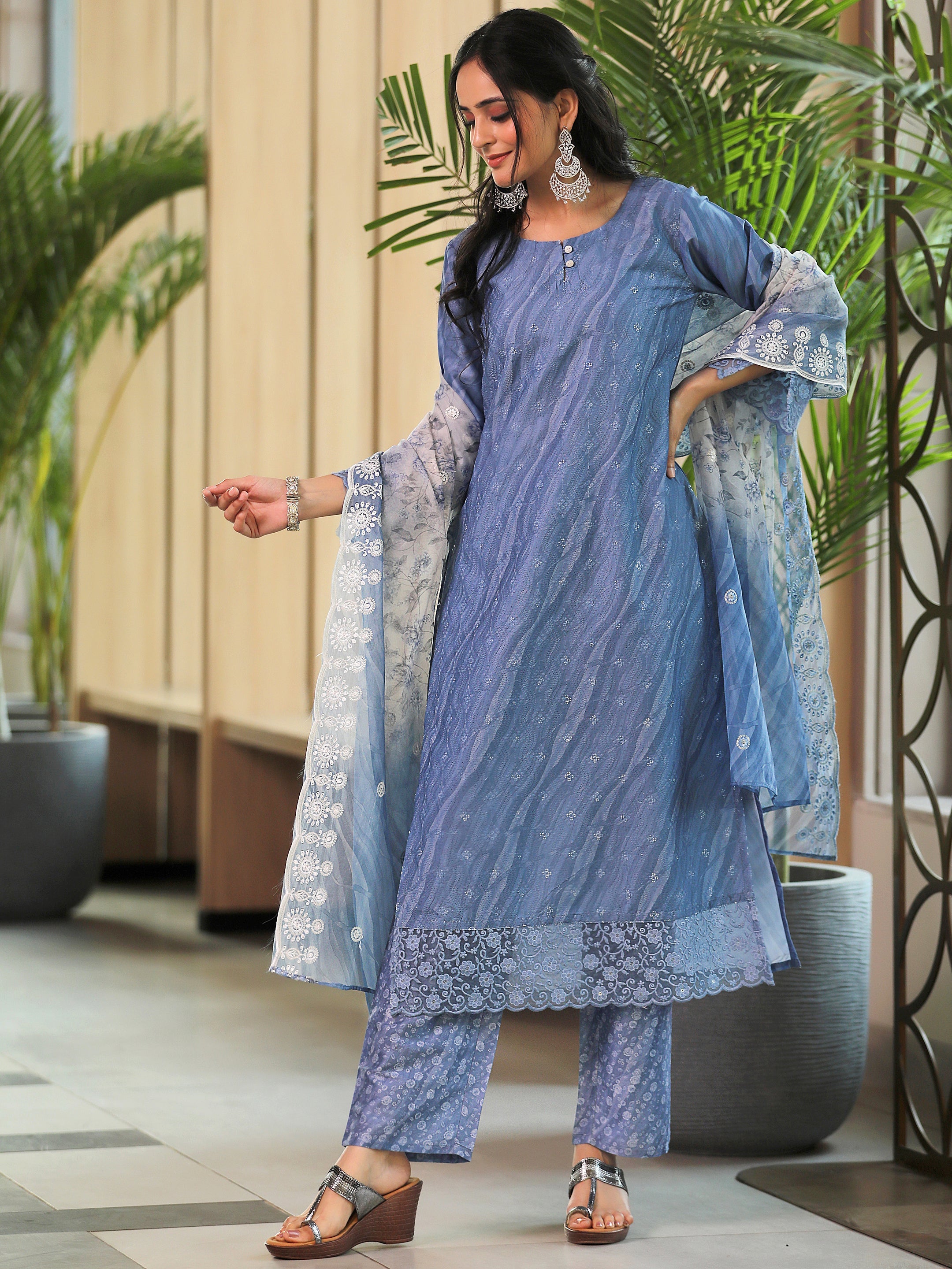 Blue Embroidered Silk Blend Straight Suit With Dupatta