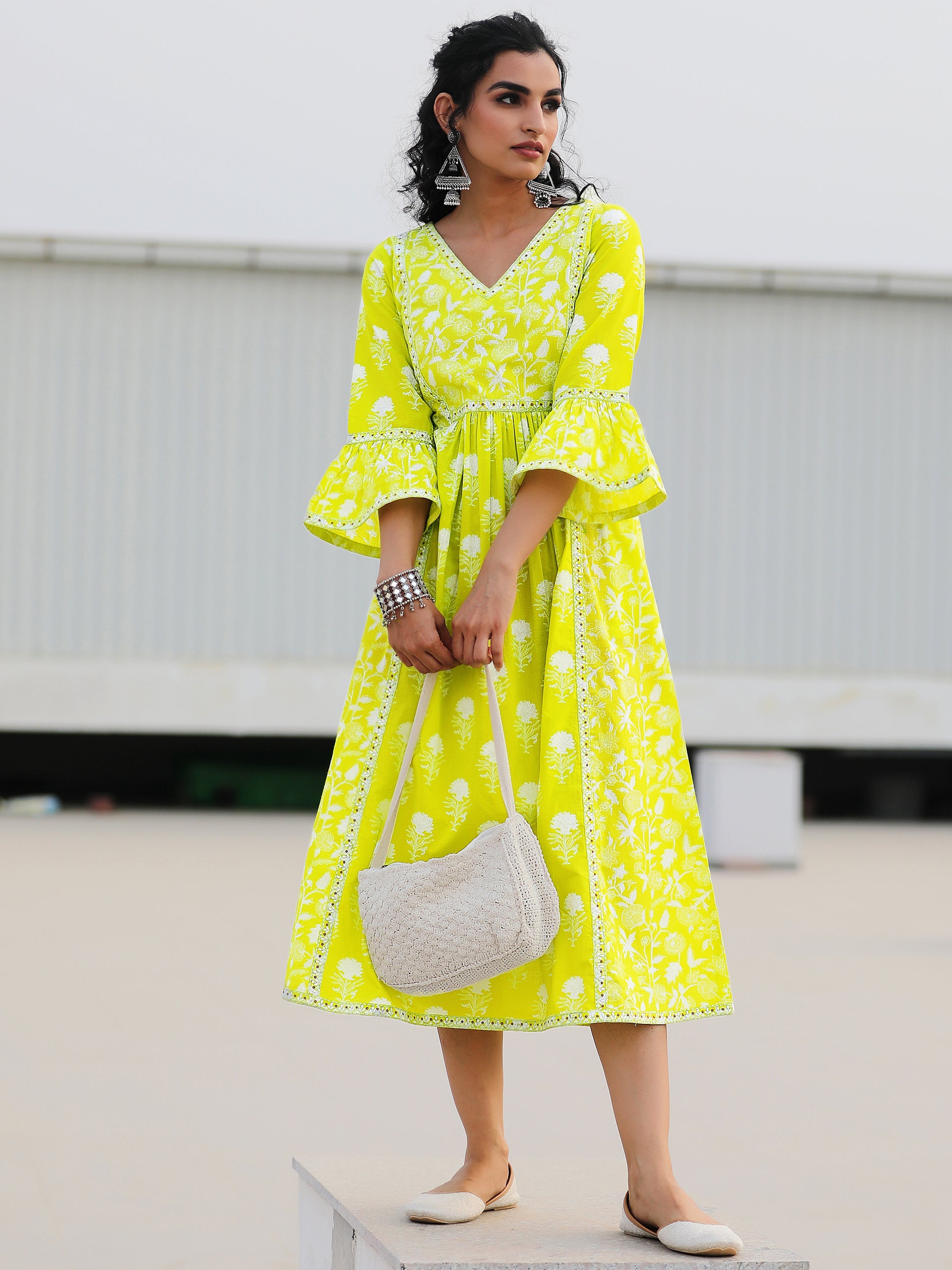 Neon Green Printed Cotton A-Line Dress