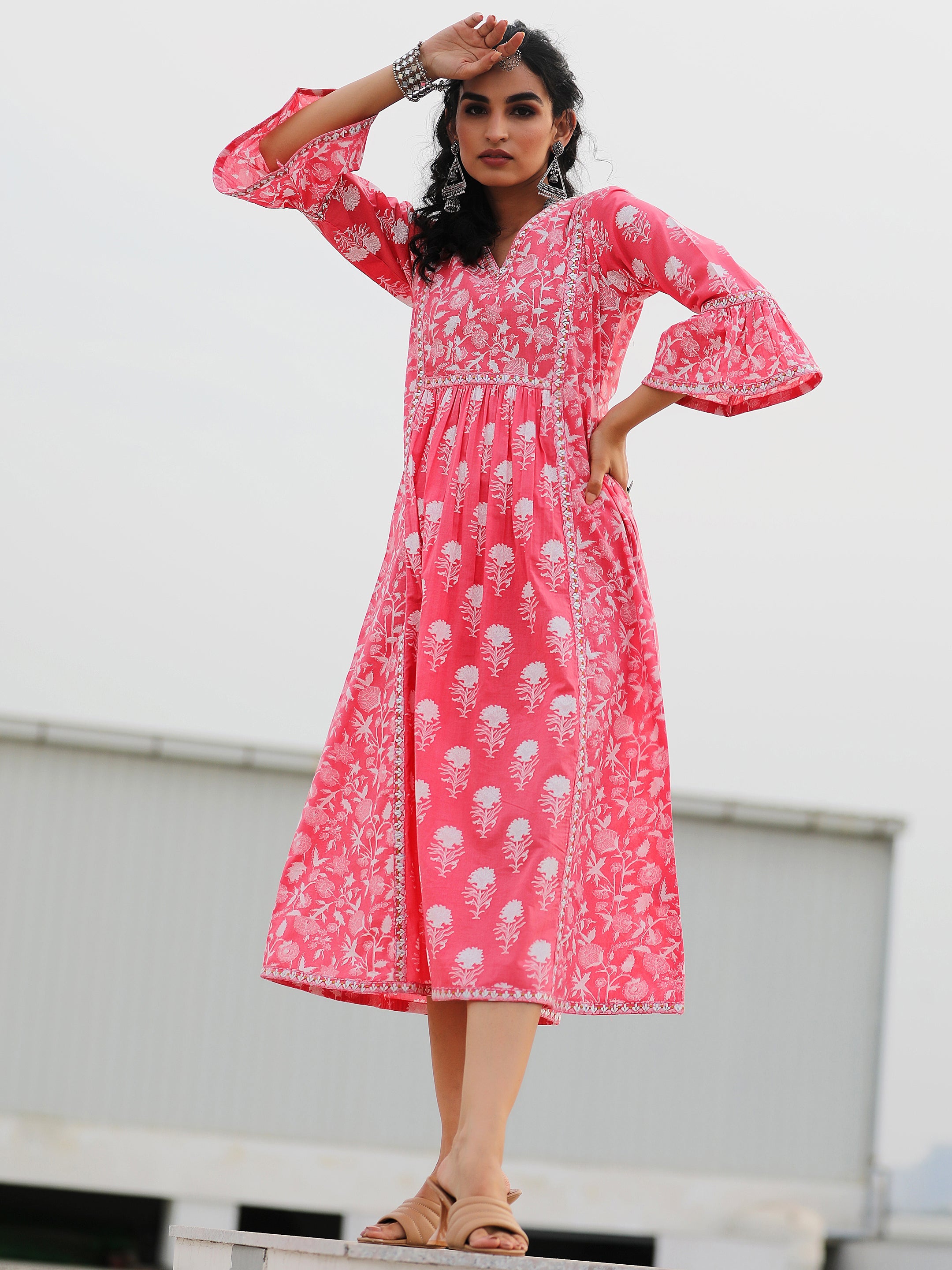 Pink Printed Cotton A-Line Dress