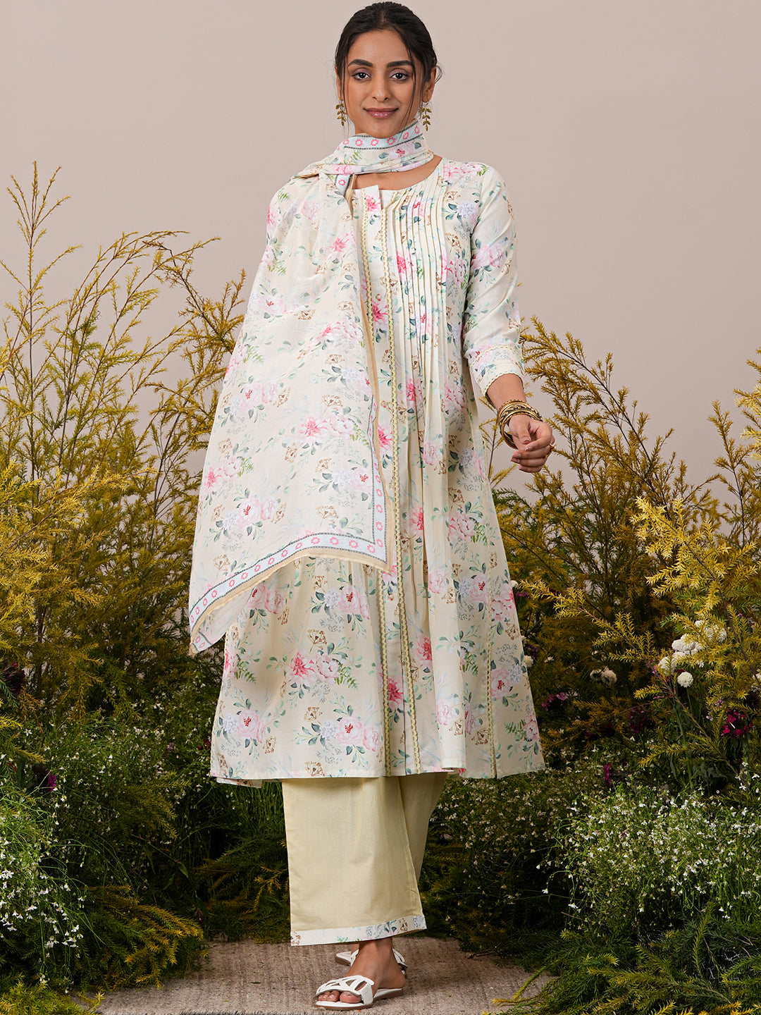 Yellow Printed Cotton Blend A-Line Kurta With Palazzos & Dupatta