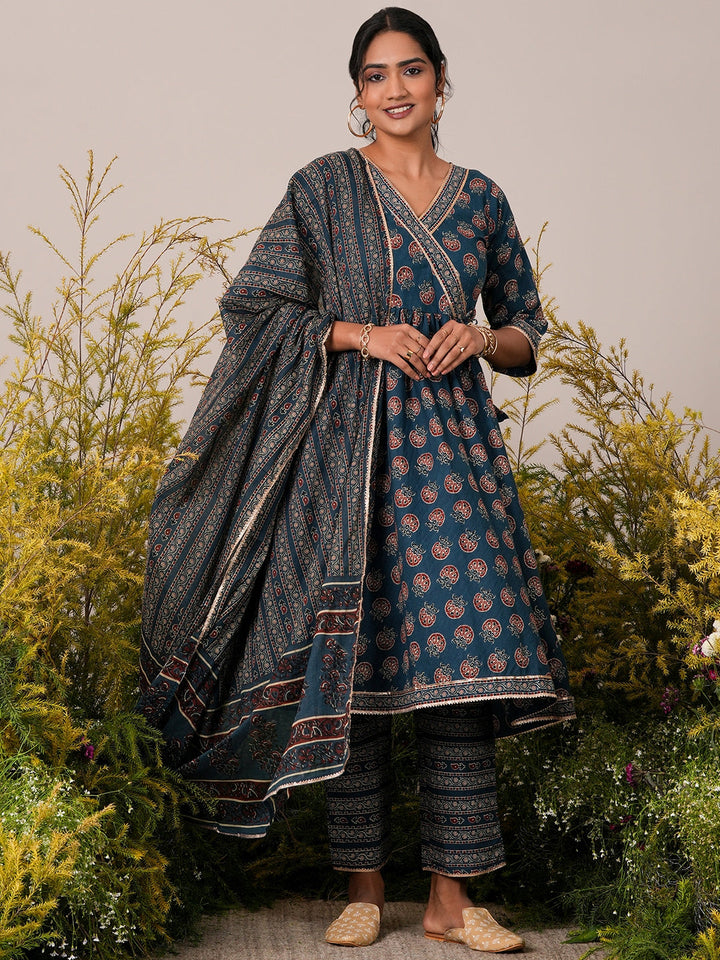 Blue Printed Cotton Anarkali Kurta With Trousers & Dupatta - ShopLibas