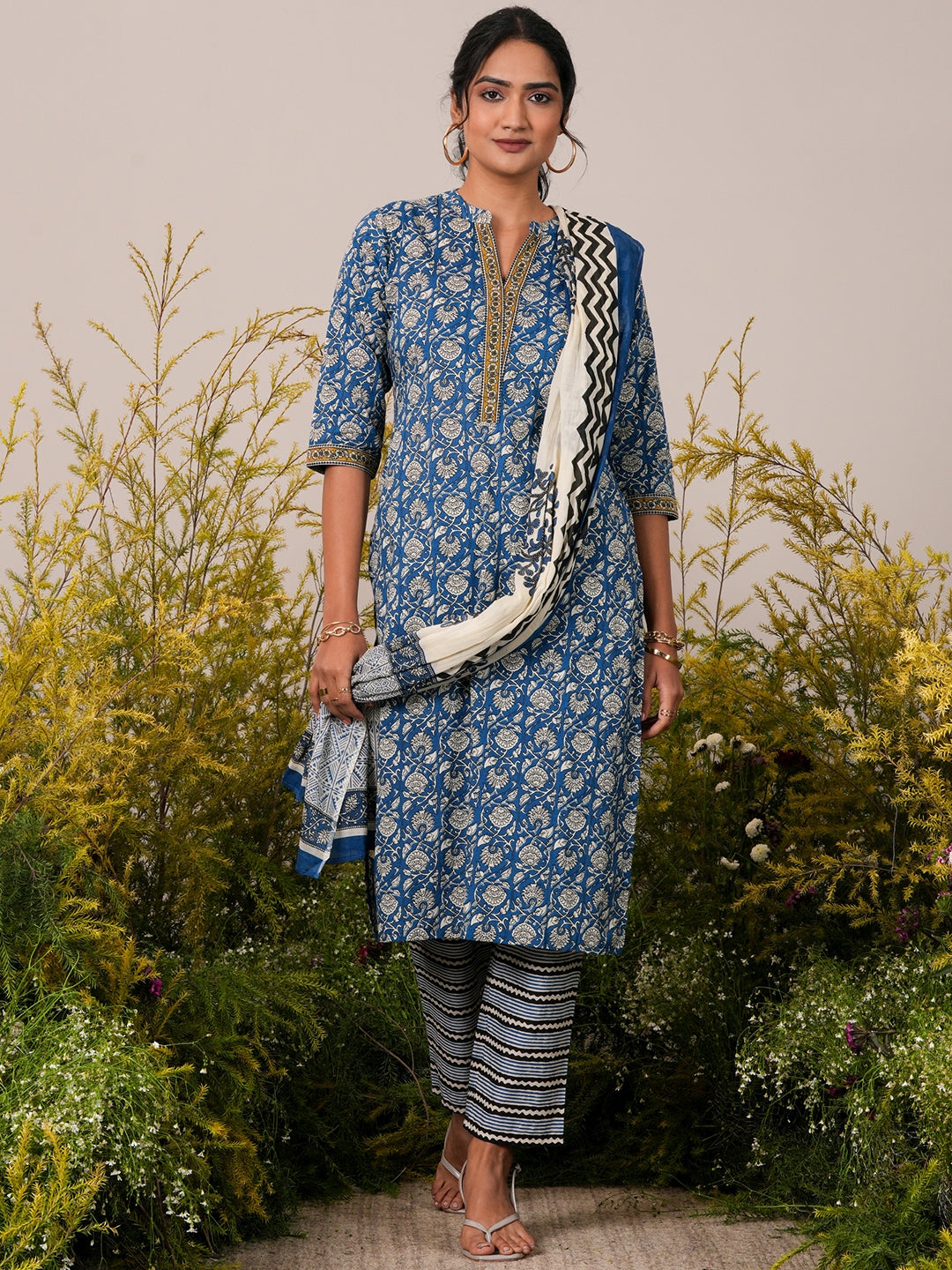 Blue Printed Cotton Straight Suit With Dupatta