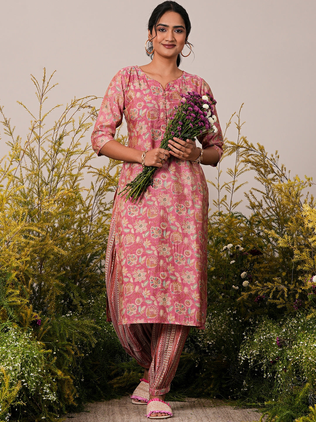 Peach Printed Silk Blend Straight Kurta With Salwar - ShopLibas