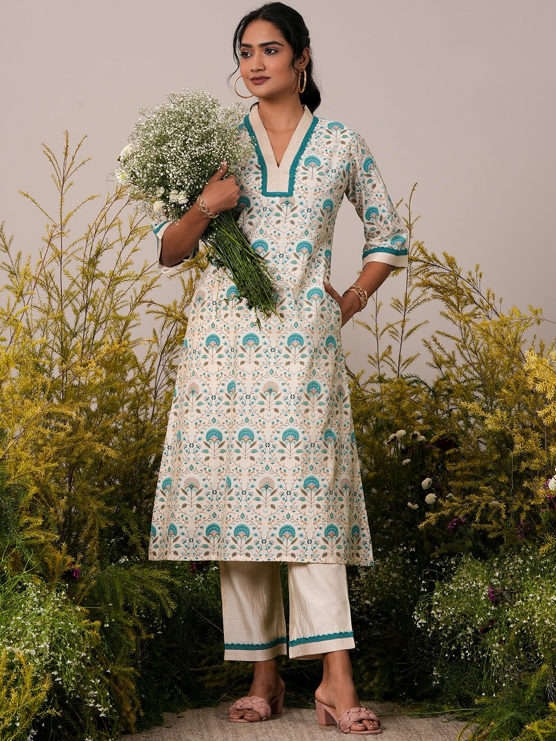 Beige Printed Chanderi Silk A-Line Kurta With Palazzos