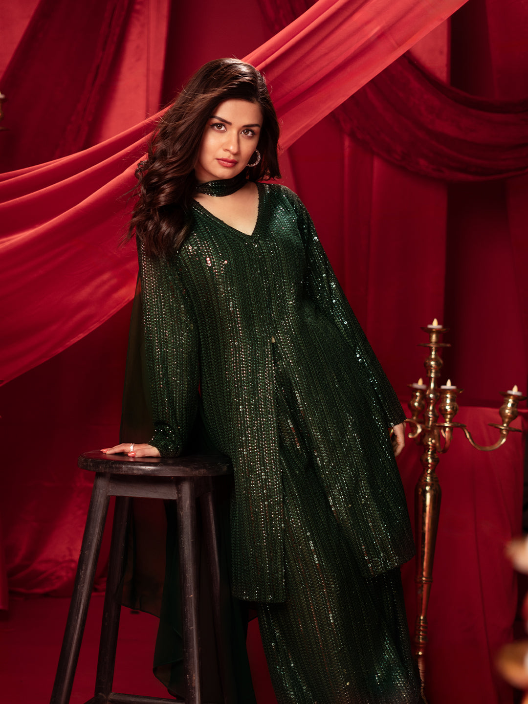 Mehreen Libas Art Wine Embroidered Georgette A-Line Kurta With Palazzos & Dupatta