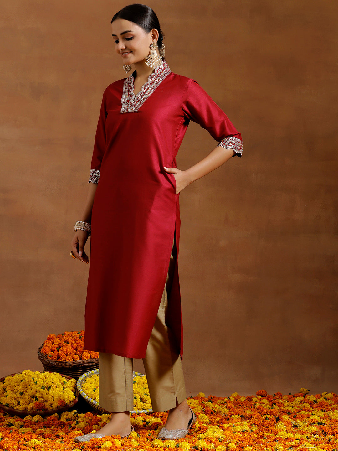 Maroon Embroidered Silk Straight Kurta