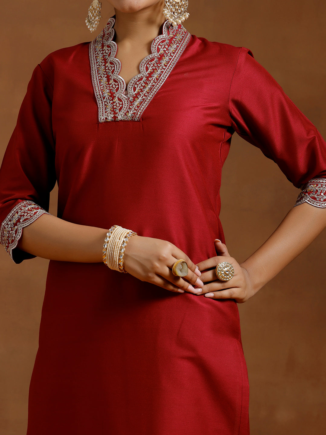 Maroon Embroidered Silk Straight Kurta