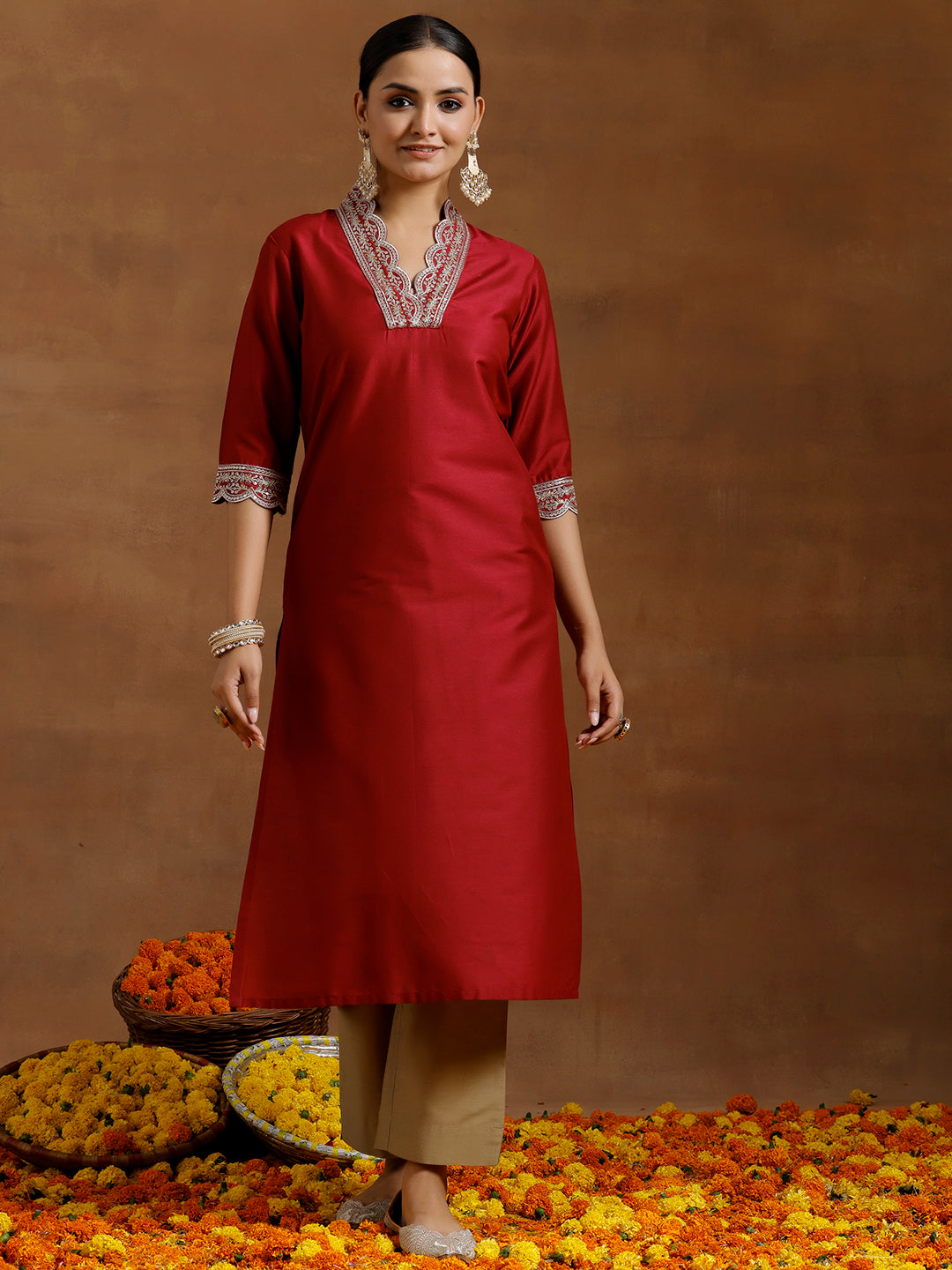 Maroon Embroidered Silk Straight Kurta