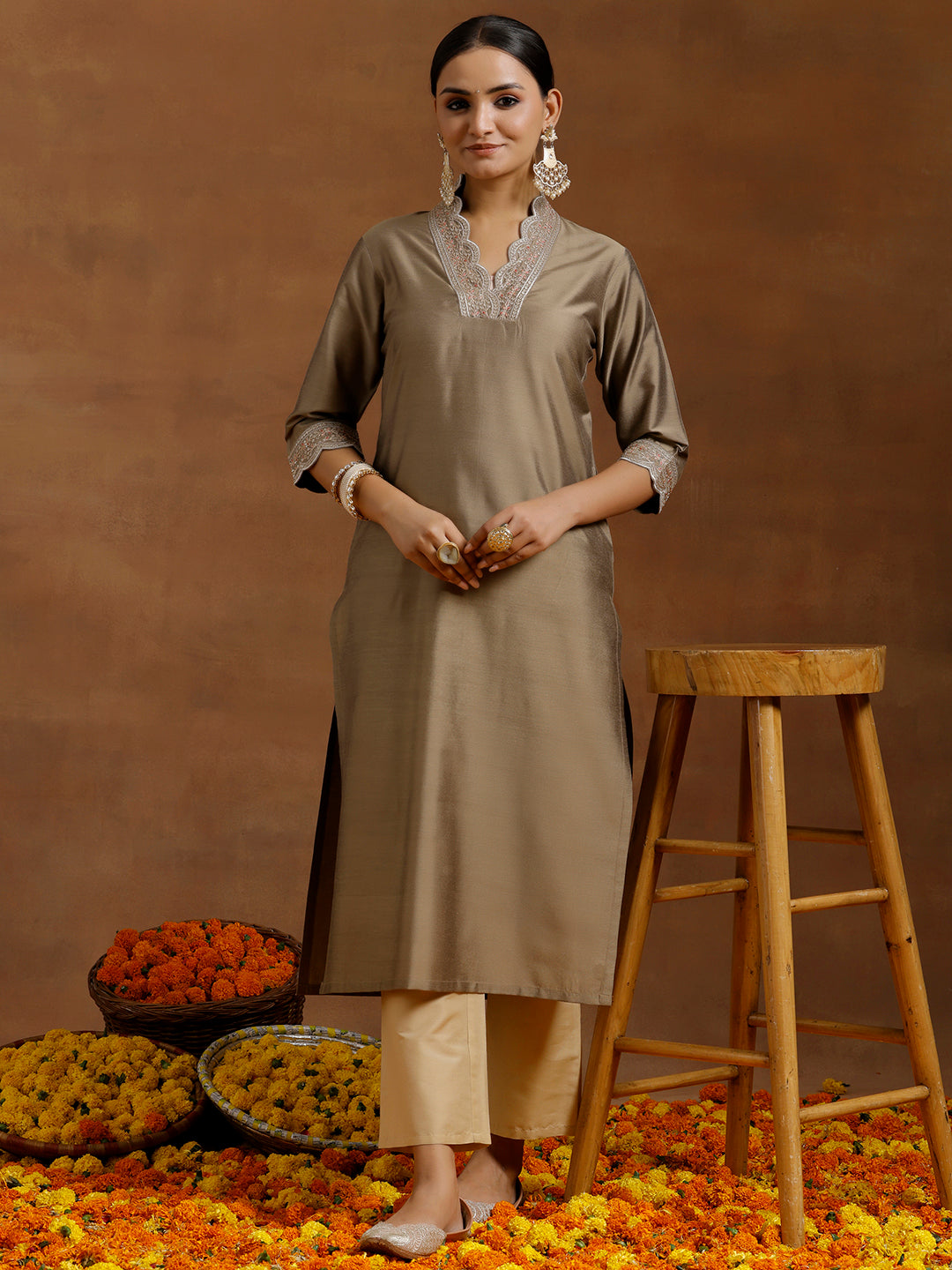 Gold Embroidered Silk Straight Kurta