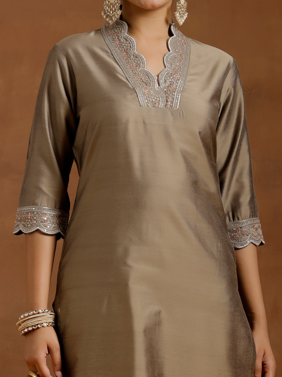 Gold Embroidered Silk Straight Kurta