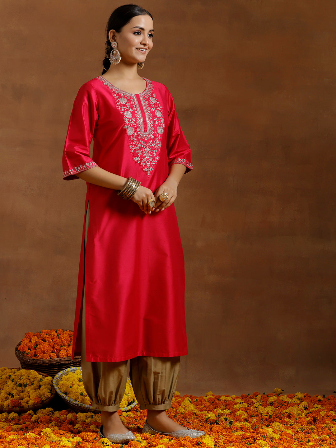 Pink Embroidered Silk Straight Kurta