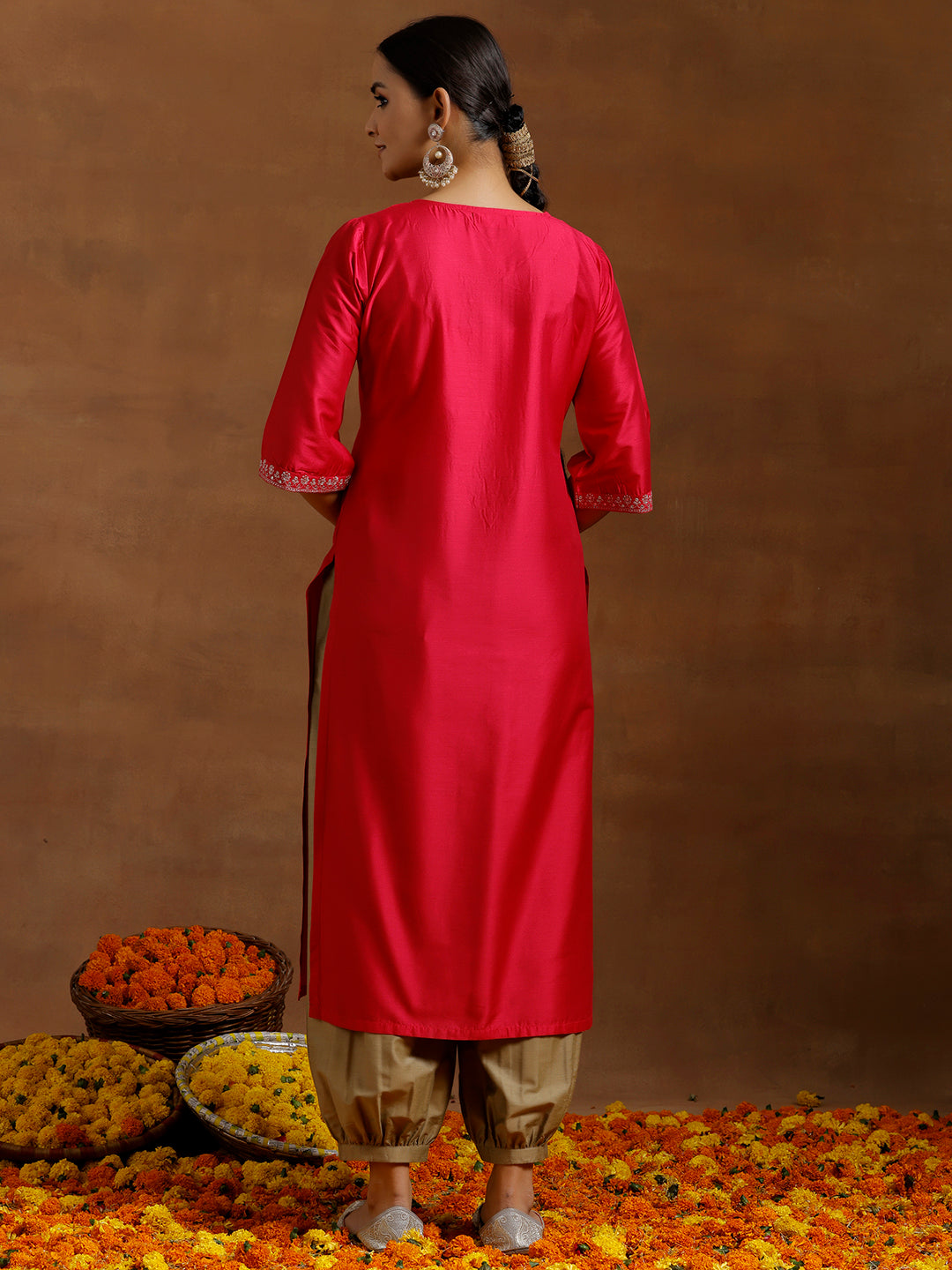 Pink Embroidered Silk Straight Kurta