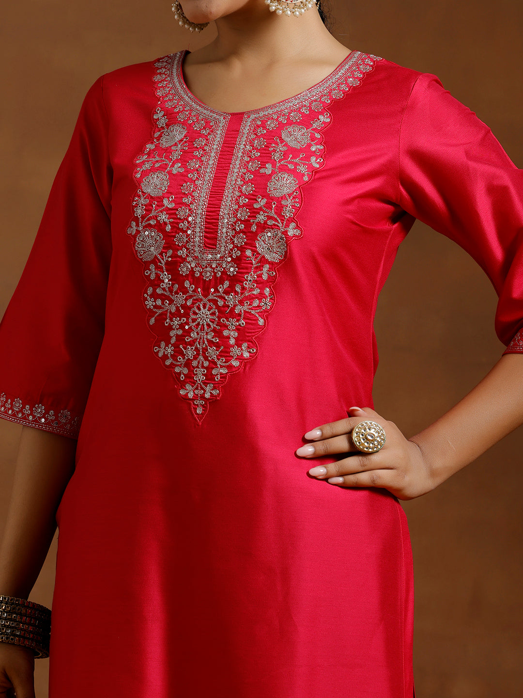 Pink Embroidered Silk Straight Kurta