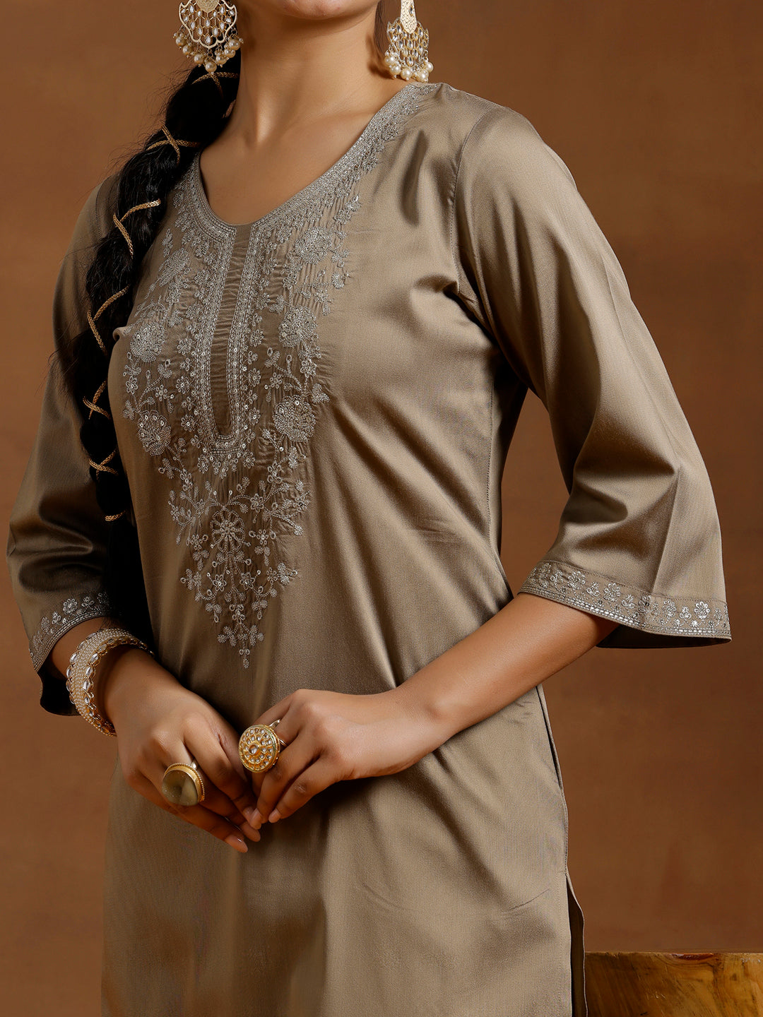 Gold Embroidered Silk Straight Kurta