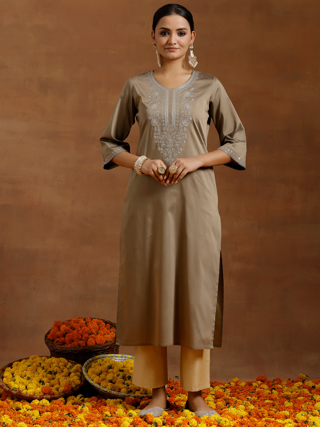 Gold Embroidered Silk Straight Kurta