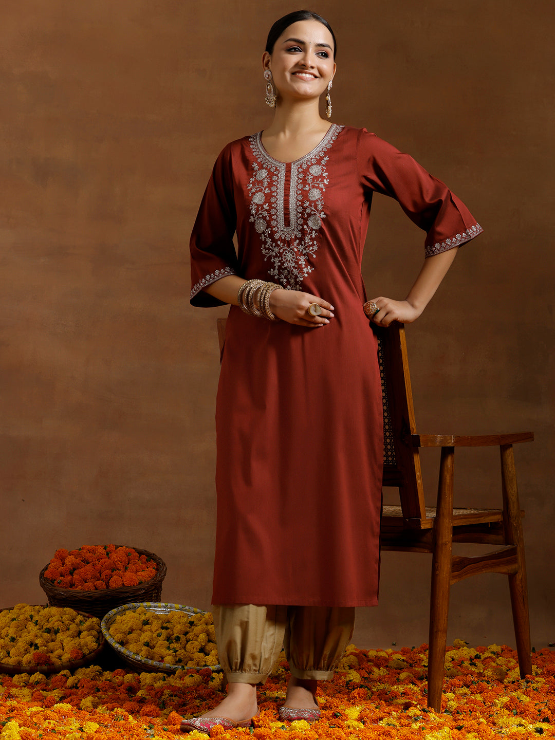 Maroon Embroidered Silk Straight Kurta