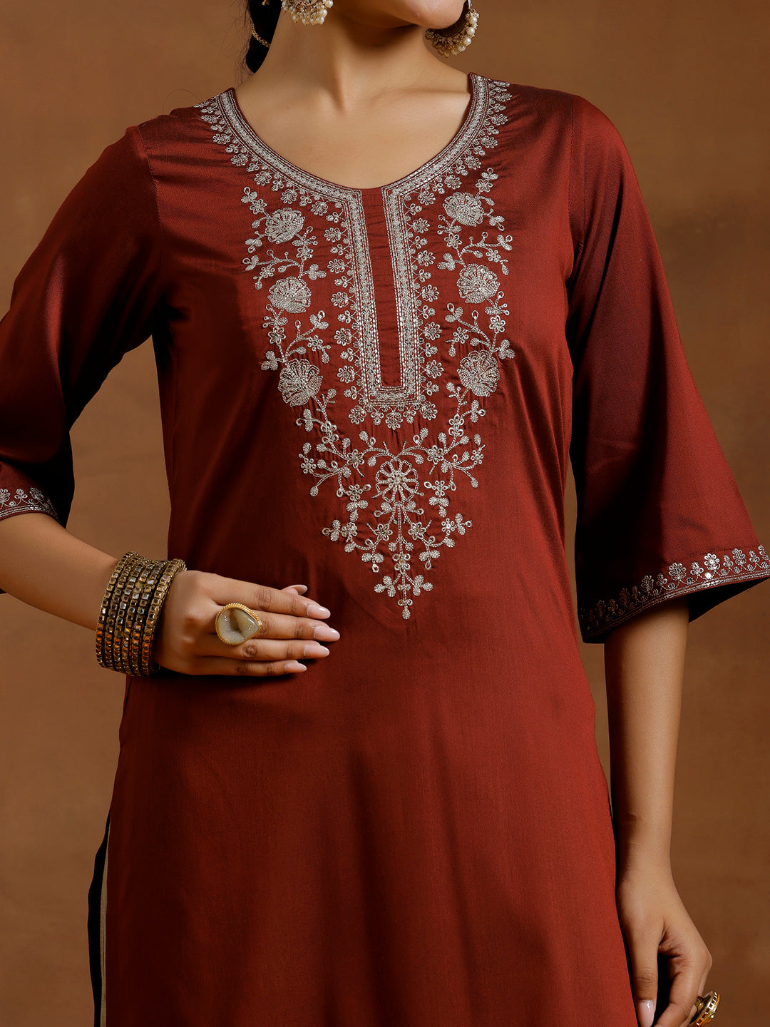 Maroon Embroidered Silk Straight Kurta