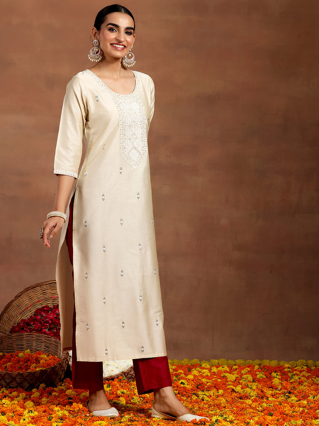 Off White Embroidered Silk Straight Kurta