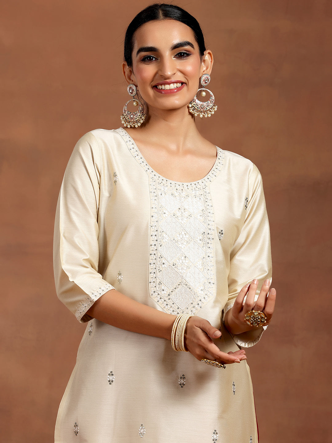 Off White Embroidered Silk Straight Kurta