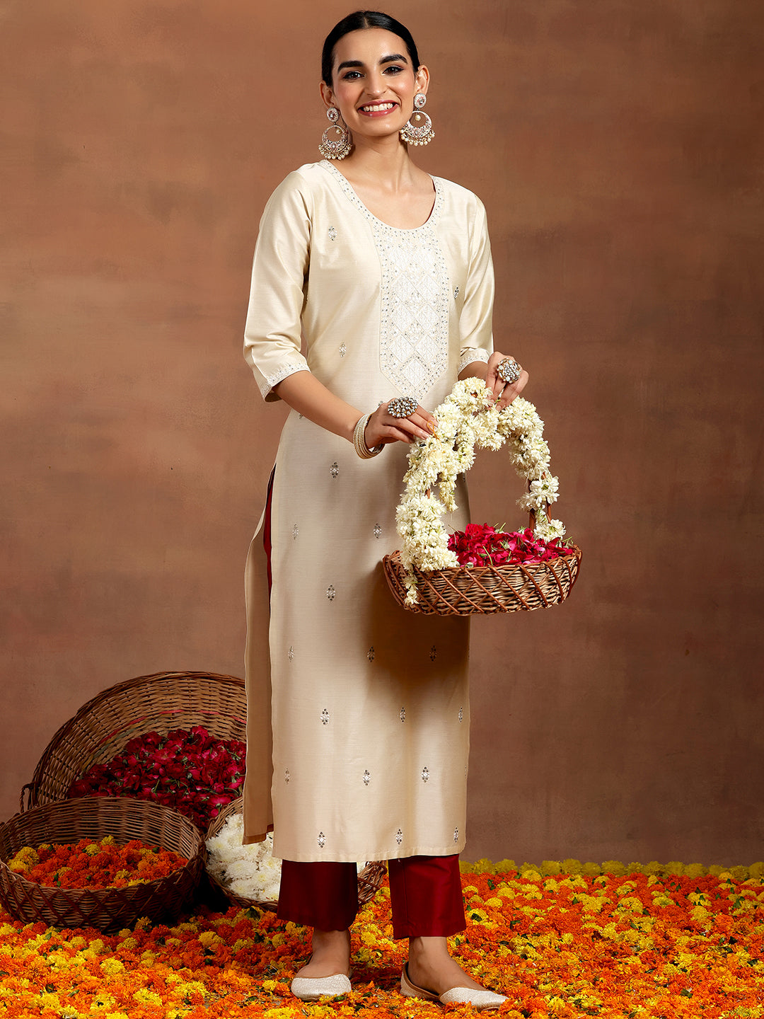 Off White Embroidered Silk Straight Kurta