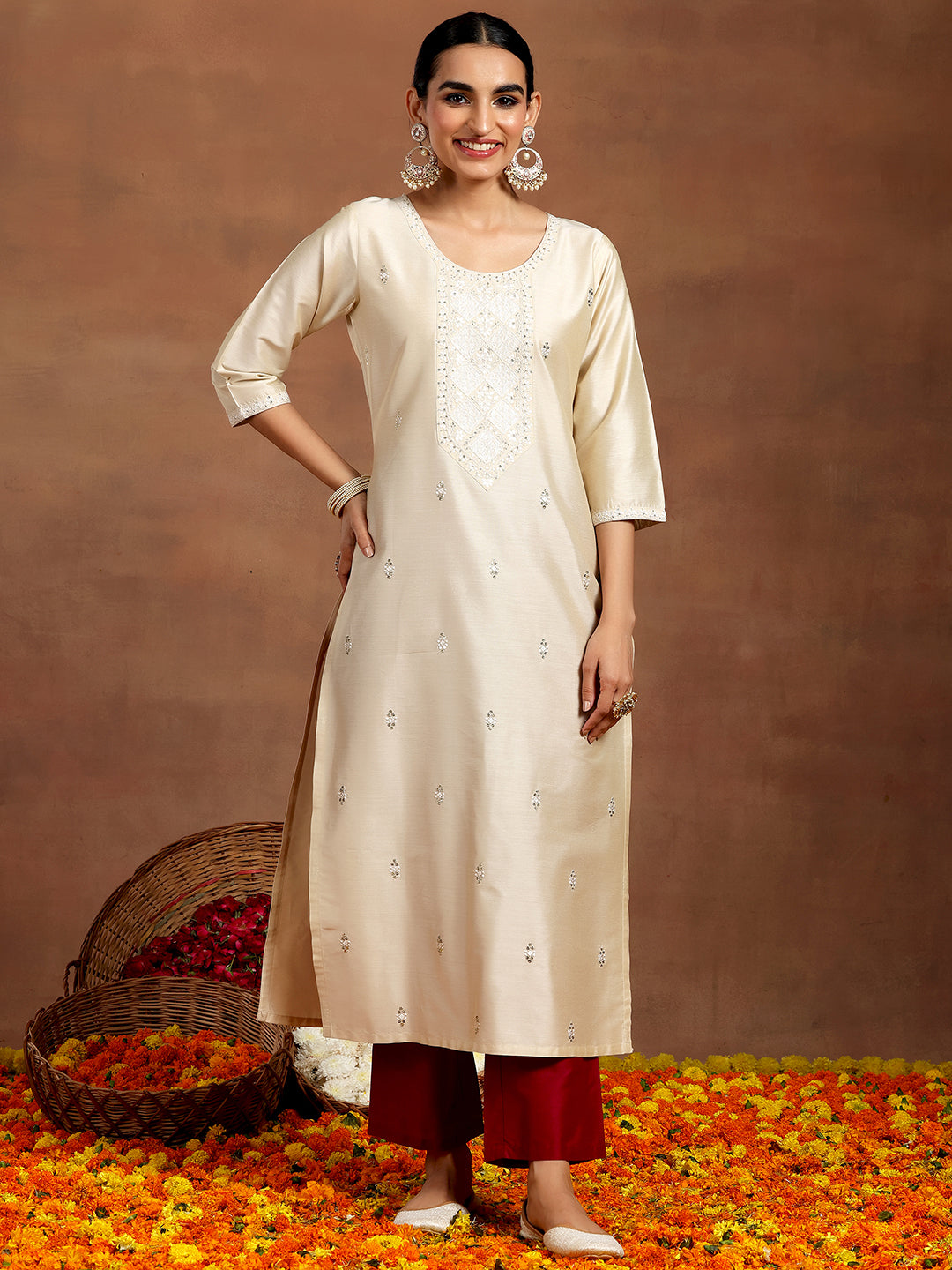 Off White Embroidered Silk Straight Kurta