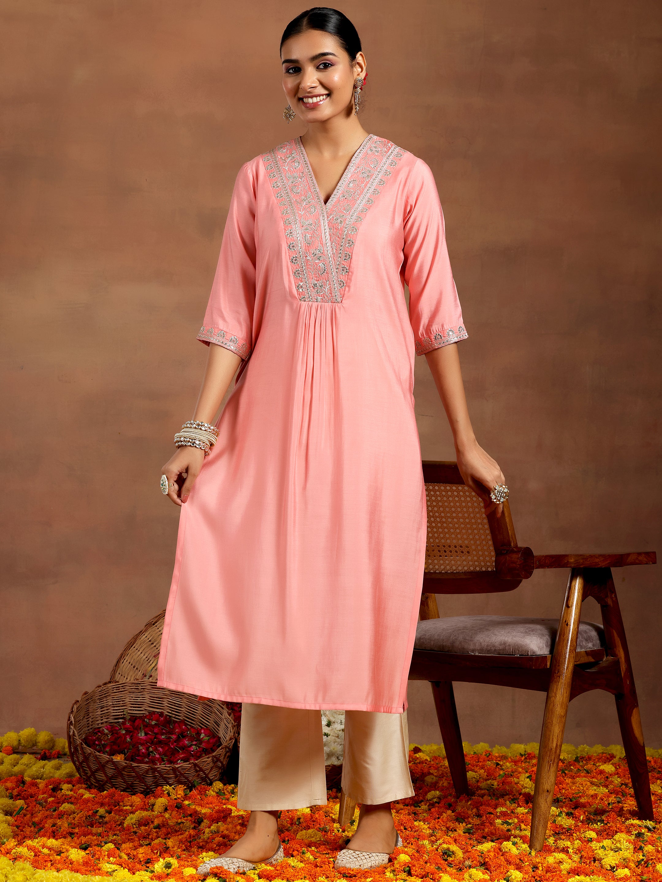 Peach Yoke Design Silk Straight Kurta