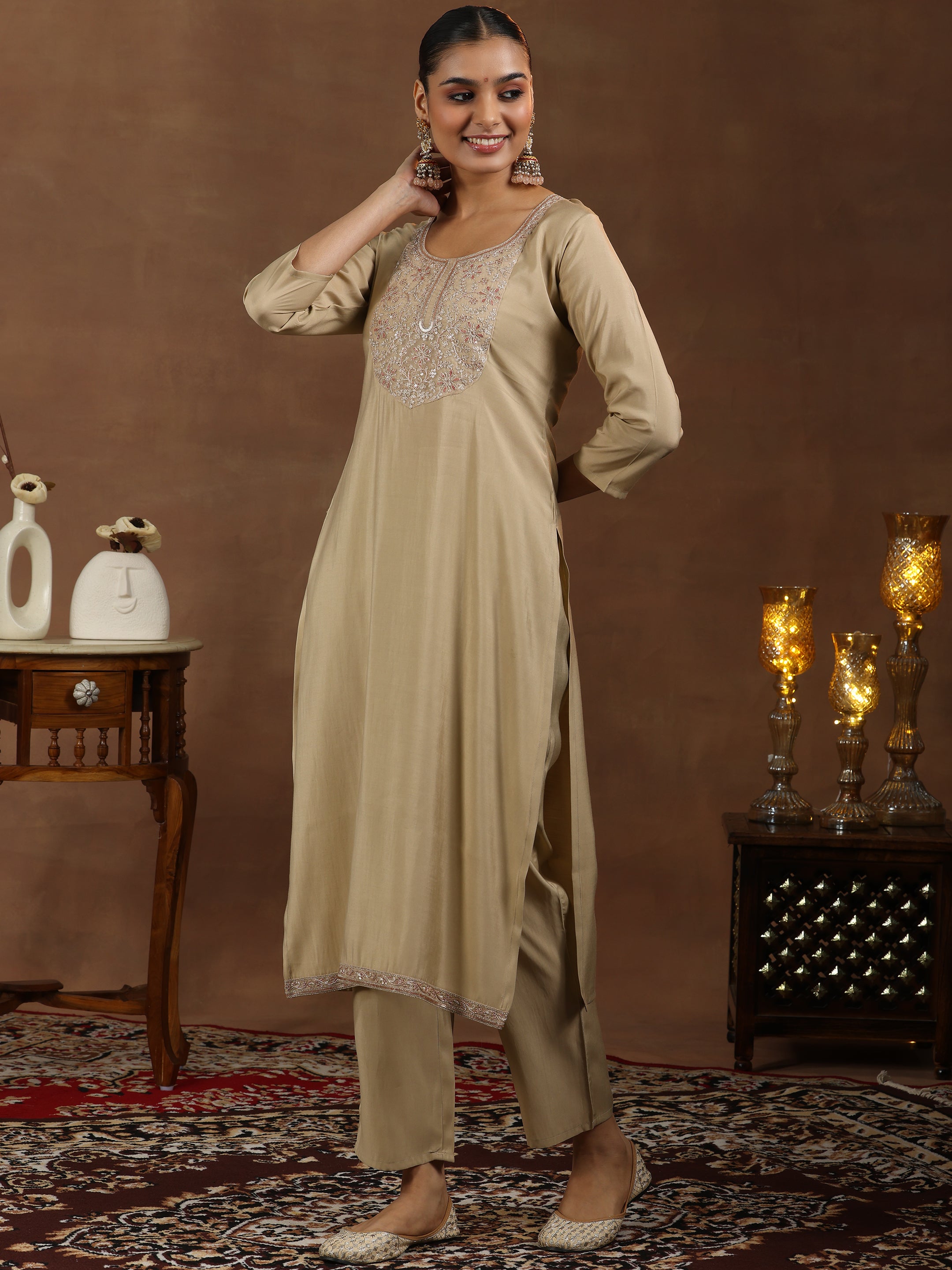 Beige Yoke Design Silk Blend Straight Suit With Dupatta