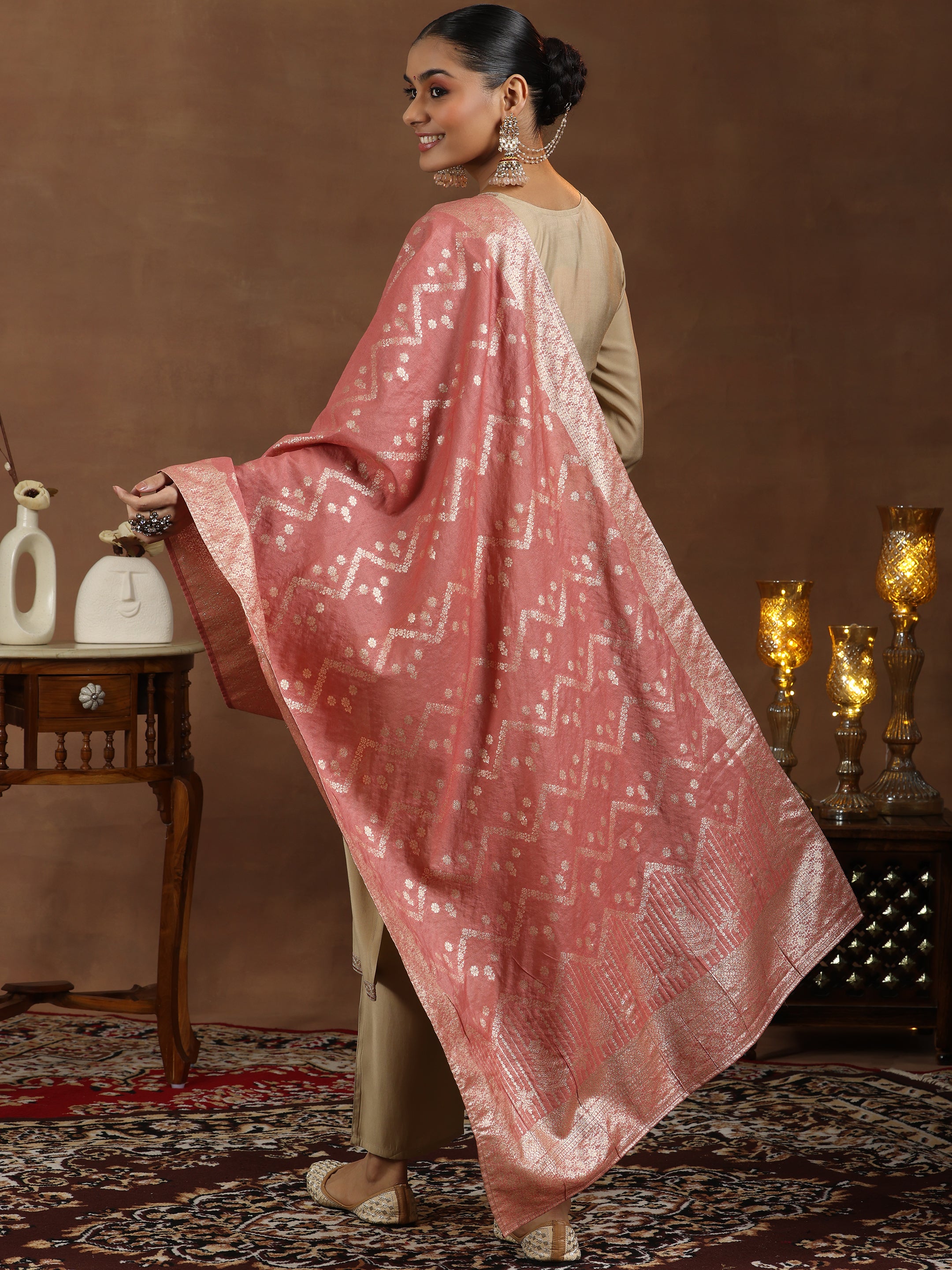 Beige Yoke Design Silk Blend Straight Suit With Dupatta