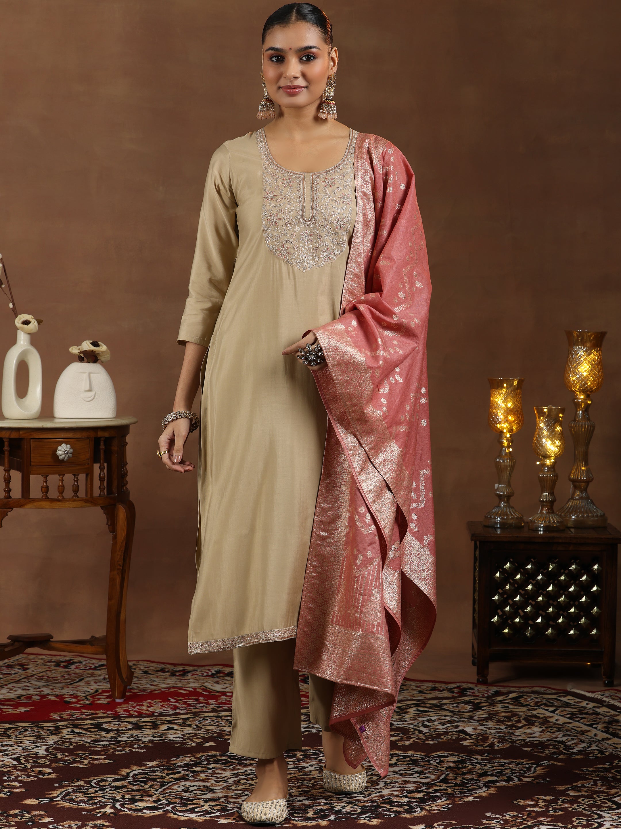 Beige Yoke Design Silk Blend Straight Suit With Dupatta