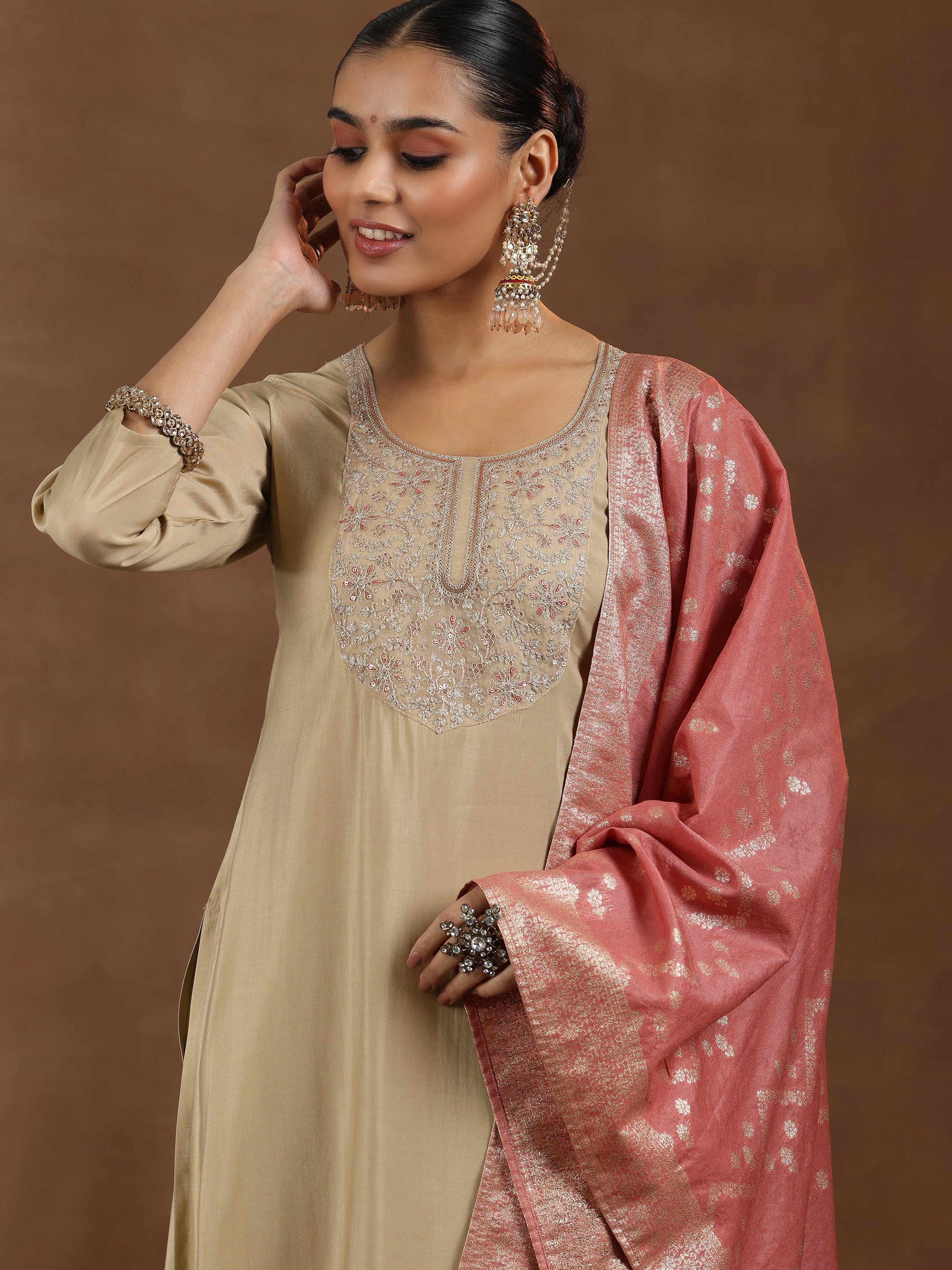 Beige Yoke Design Silk Blend Straight Suit With Dupatta